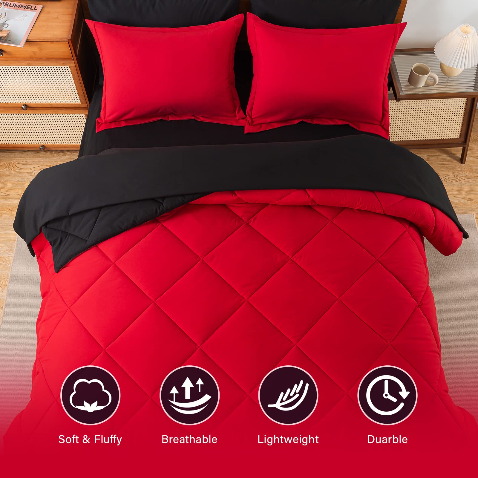 Cosybay Bed In A Bag King Reversible Comforter Sets 7Pcs All Season Down Alternative Bedding Sets Red And Black With Comforter,