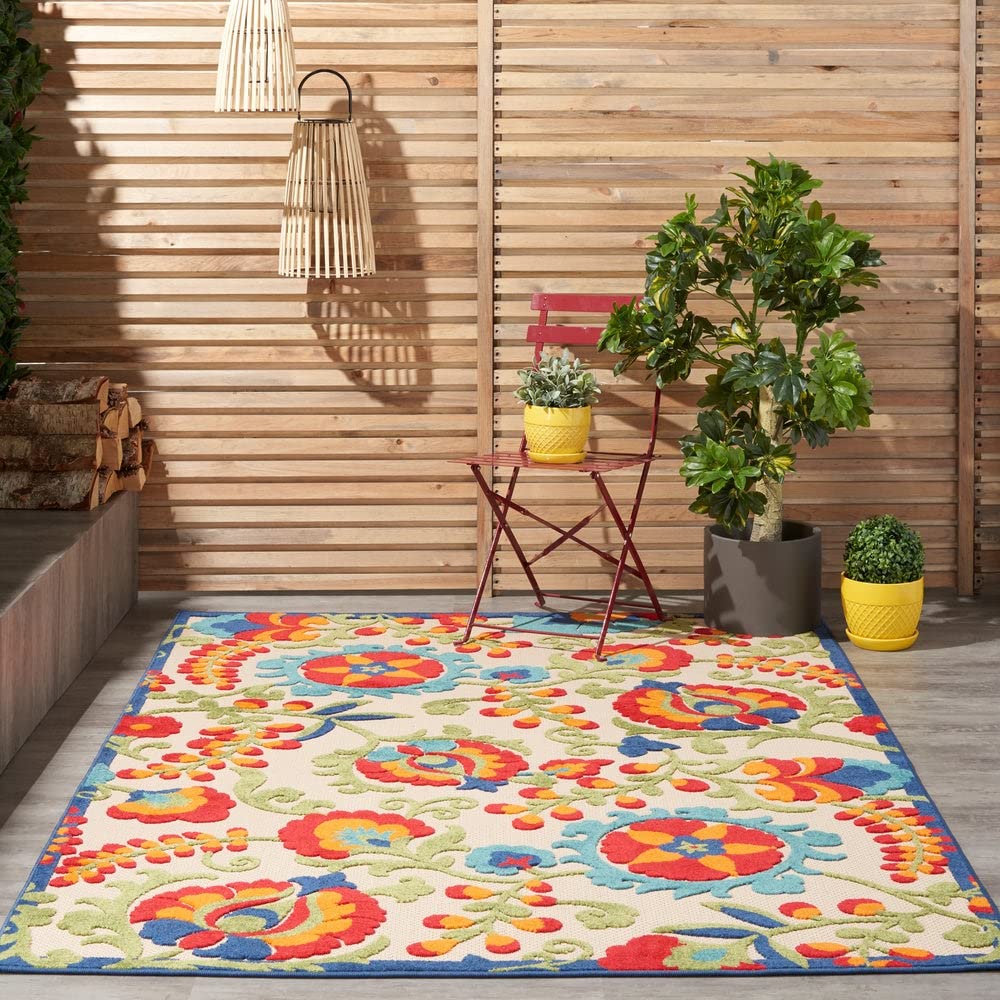 Nourison Aloha Indoor/Outdoor Blue/Grey 4' X Round Area -Rug, Easy -Cleaning, Non Shedding, Bed Room, Living Room, Dining Room, Deck, Backyard, Patio (4 Round)