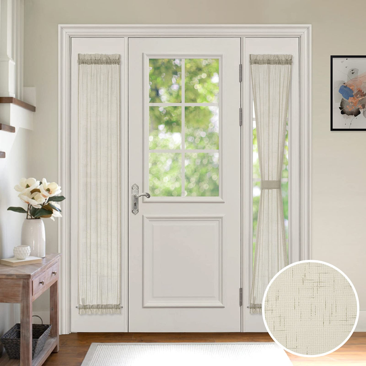 Miulee Sidelight French Door Sheer Curtains 2 Panels Natural Linen Textured Window Treatment For Front Door/Living Room/Kitchen