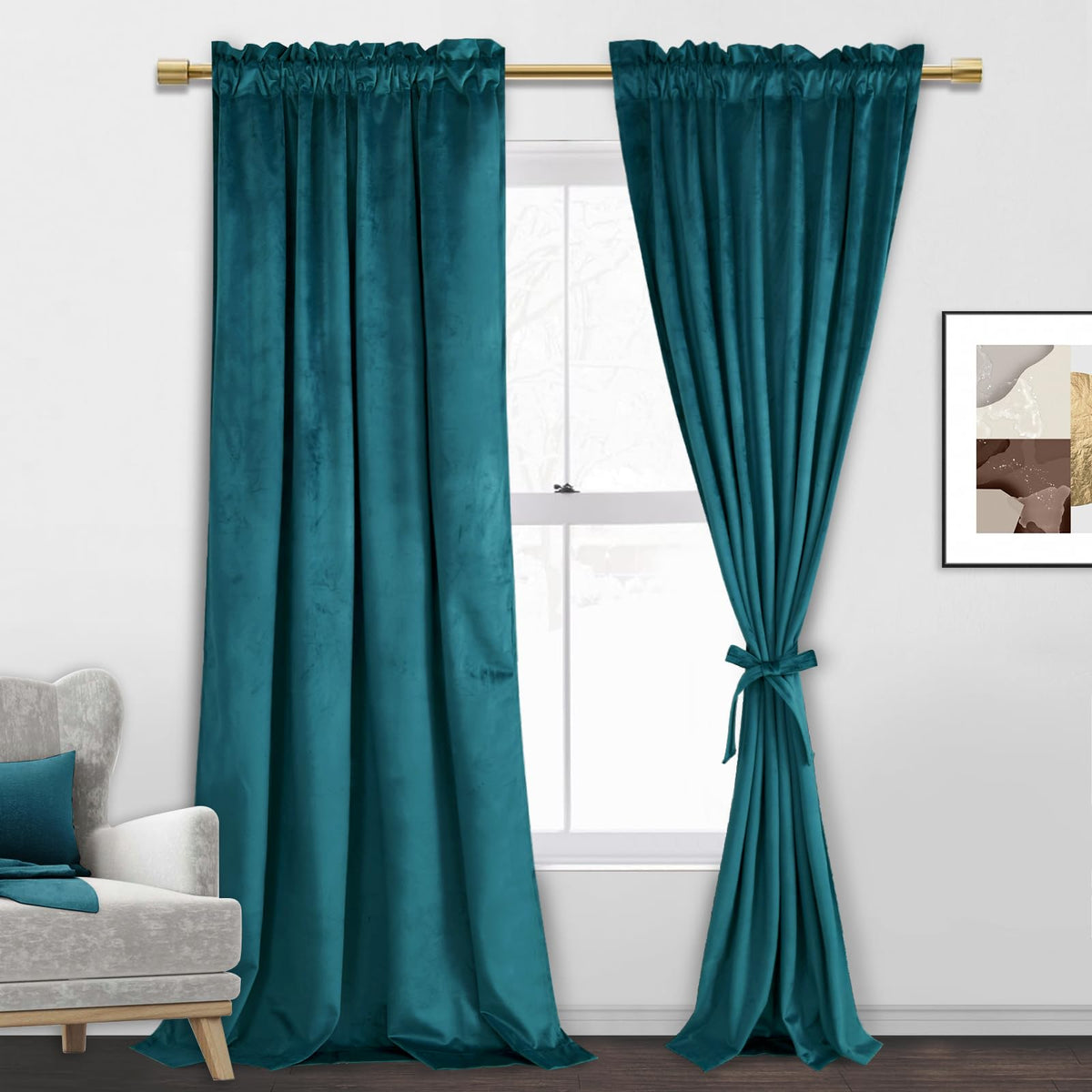 Jiuzhen Teal Velvet Curtains 84 Inch Long Soft Retro Velvet Blackout Thermal Insulated & Noise Reducing Rod Pocket Curtains For