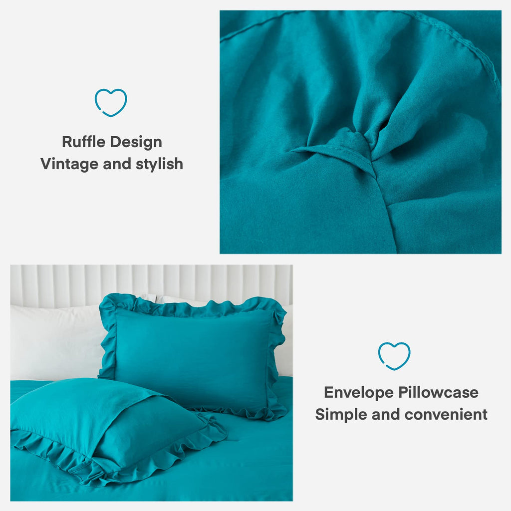 Andency Turquoise Comforter Set Twin Size, 2 Pieces Shabby Chic Ruffle Bed Comforter Set For Kids Boys Girls, All Season Soft Lightweight Solid Down Alternative Bedding Set