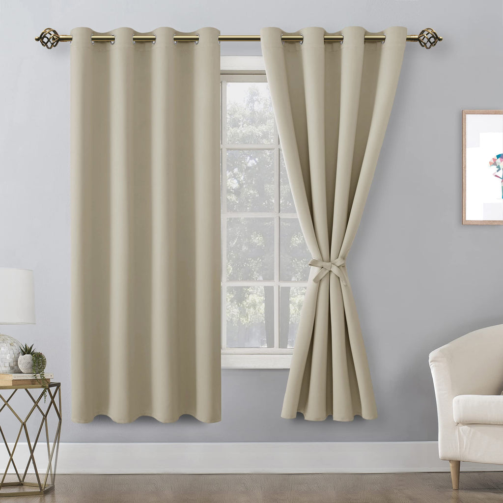 Hiasan Blackout Curtains For Bedroom, 52 X 63 Inches Length - Thermal Insulated & Light Blocking Window Curtains For Living Room, 2 Drape Panels Sewn With Tiebacks, Light Beige