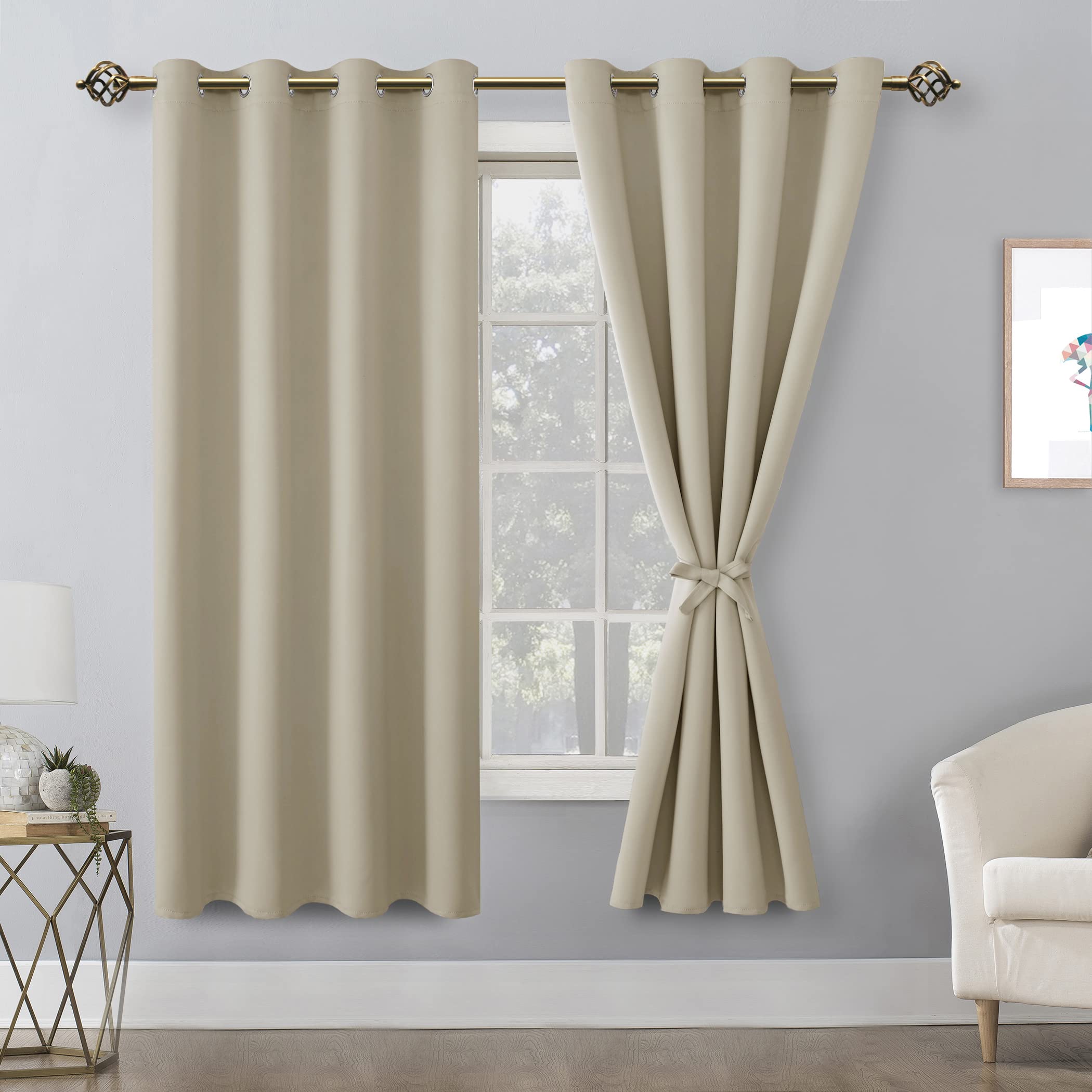 Hiasan Blackout Curtains For Bedroom, 52 X 63 Inches Length - Thermal Insulated & Light Blocking Window Curtains For Living Room, 2 Drape Panels Sewn With Tiebacks, Light Beige