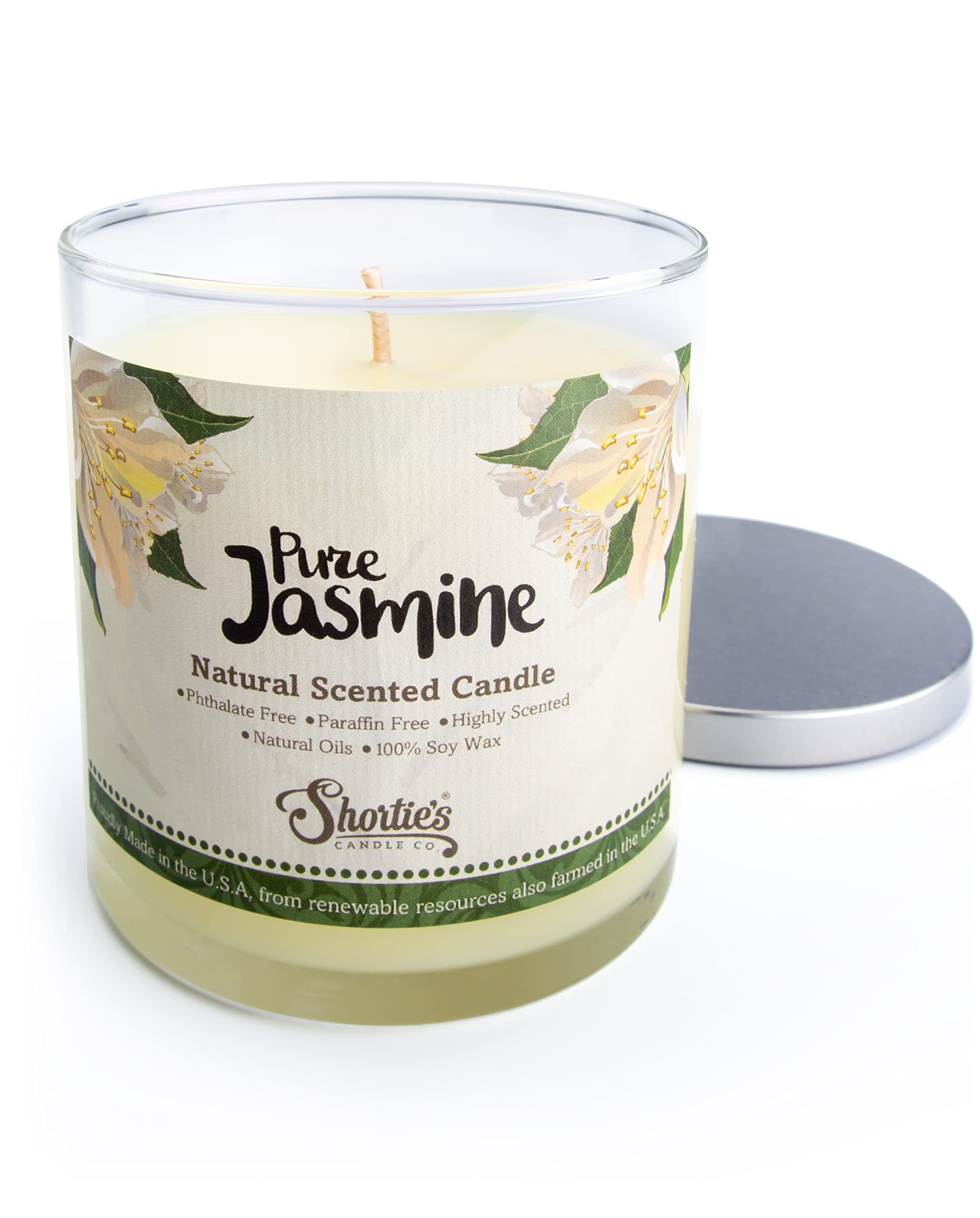 Pure Jasmine Scented Natural Soy Candle, Essential Fragrance Oils, 100% Soy, Phthalate & Paraben Free, Clean Burning, 9 Oz.