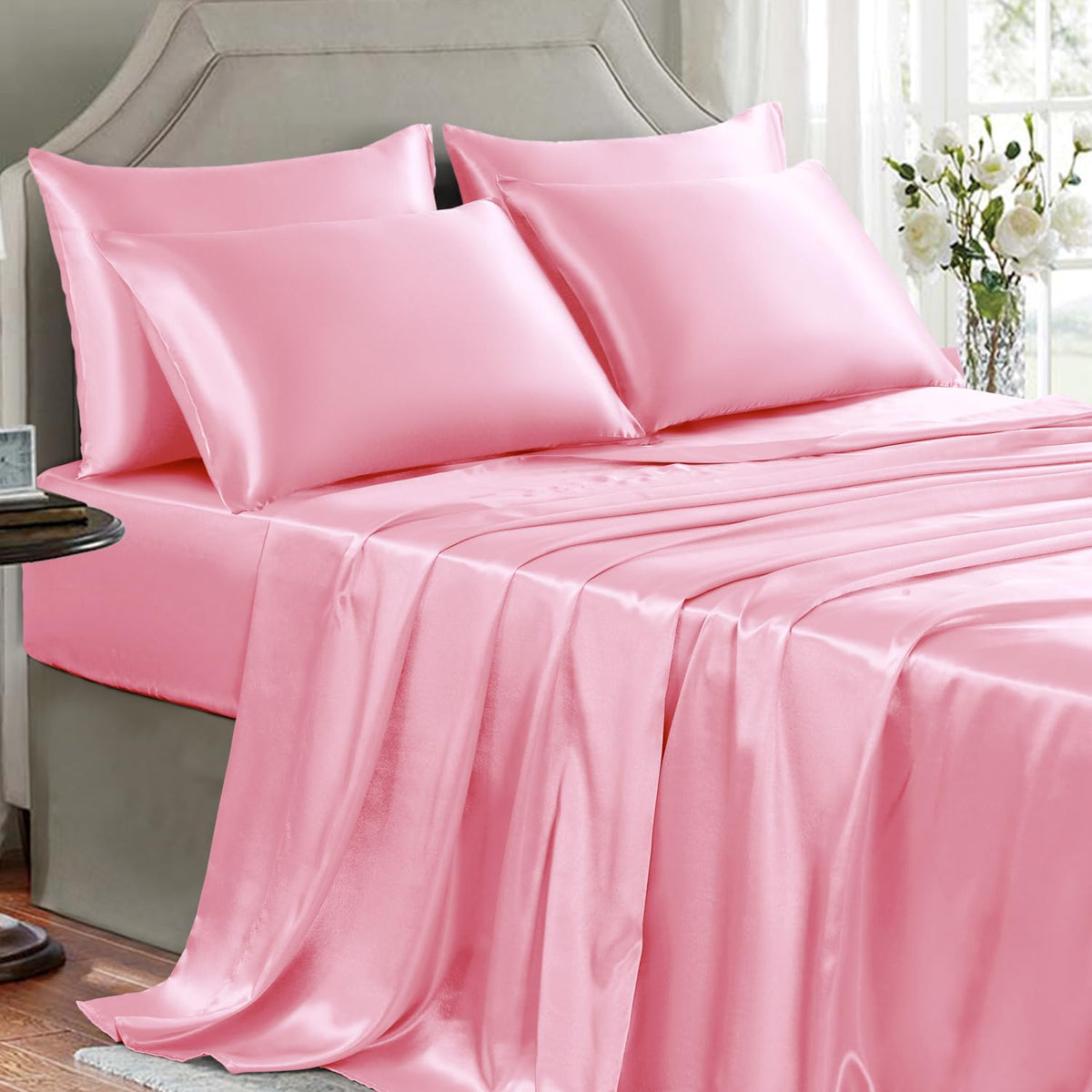 Golal Satin Sheets Full Size - 6 Pieces Luxury Silky Soft Bed Sheets, Wrinkle-Free Light Pink Satin Silk Sheet Set With 1 Deep P