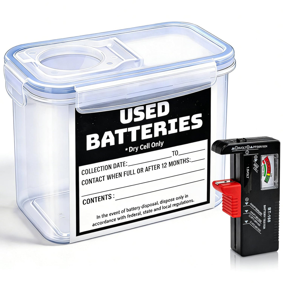 QHAND Battery Recycling Container with Battery Tester for Household, Small