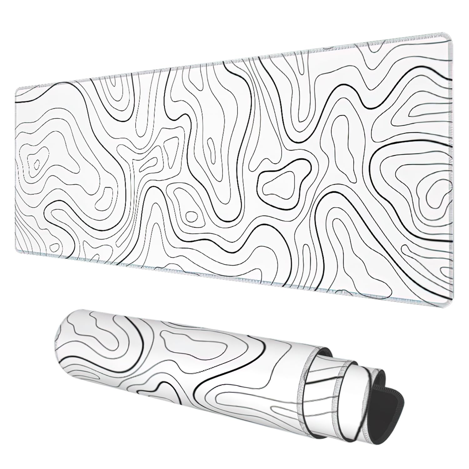 Desk Mat, White Topographic Contour Map Extended Gaming Mouse Pad Large, 31.5'X11.8' Big Mouse Pad With Non-Slip Base And Stit