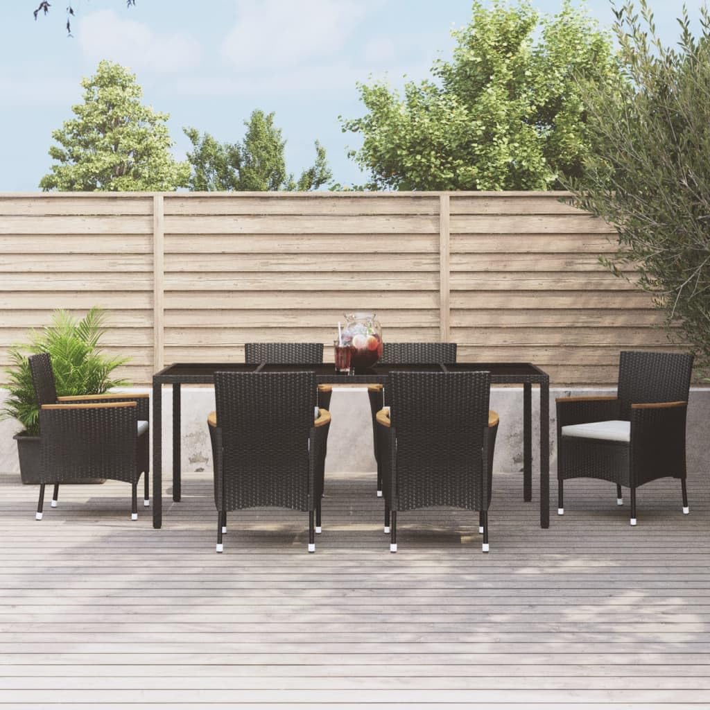 vidaXL 7-Piece Black Poly Rattan Patio Dining Set with Cream White Cushions – Featuring Solid Acacia Wood and Durable Tempered Glass Table, 3187376