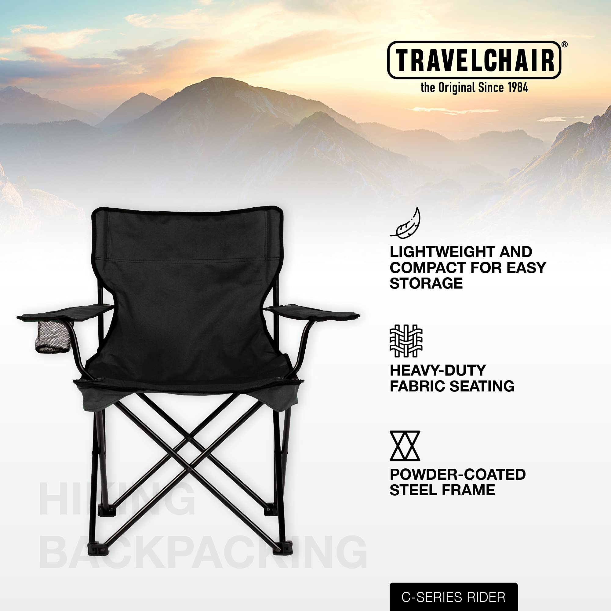 Travel Chair C-Series Rider Chair, Foldable And Portable Camping Chair, Black