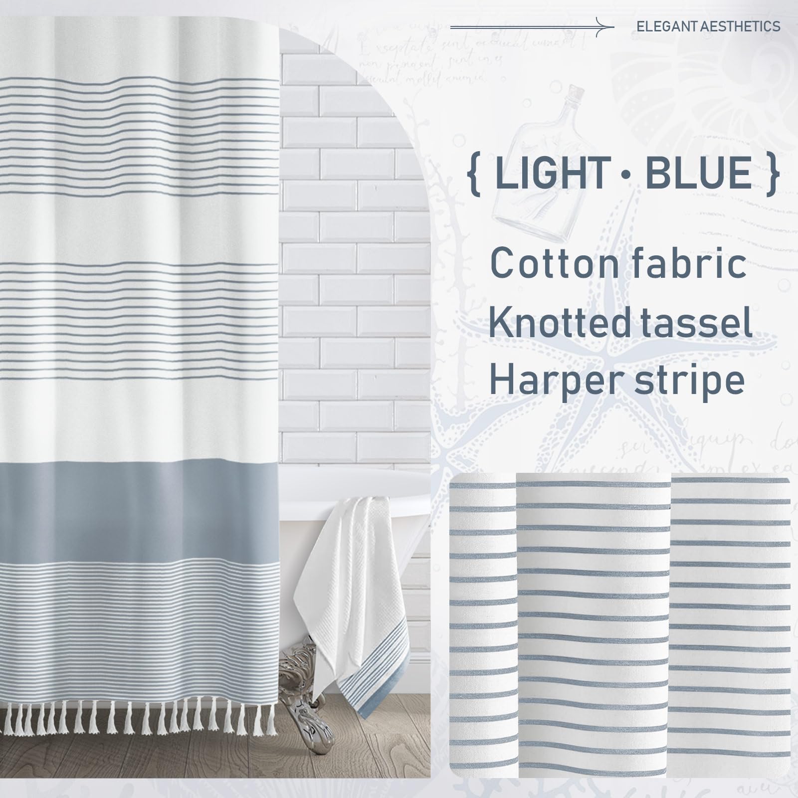 Awellife Blue Shower Curtain Beach Ocean Coastal Nautical Shower Curtain For Bathroom Stripe Tassel Shower Curtain 72 X 72 Inches Cotton Linen