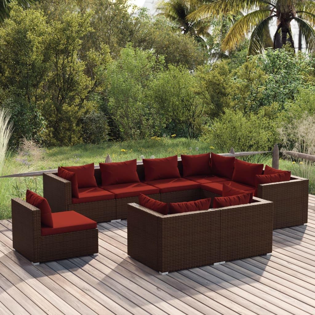 vidaXL 9-Piece Outdoor Lounge Set - Durable PE Rattan Construction with Water-Resistant Cushions, Flexible Modular Design - Brown Patio Set