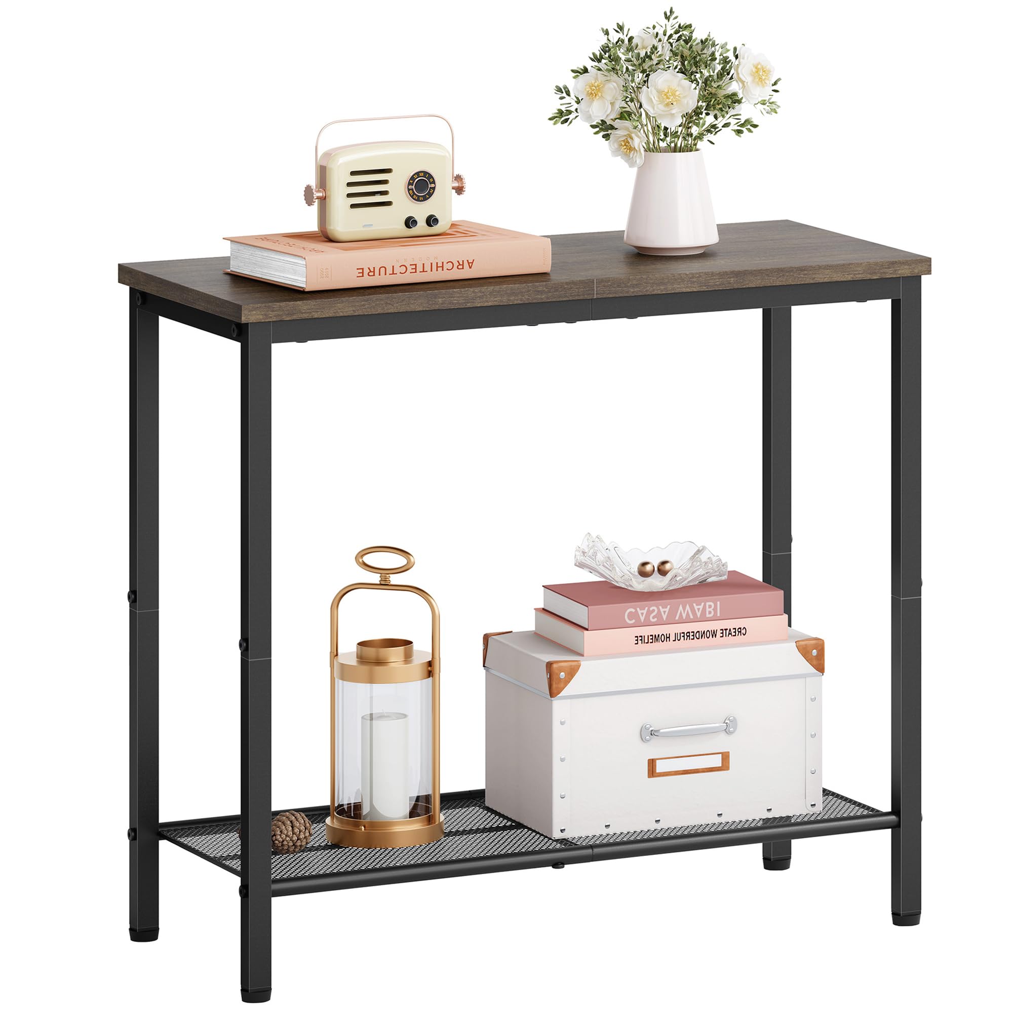 Hoctieon 2 Tier End Table, Sofa Side Table, Narrow Side Table With Storage, Slim Nightstand For Small Spaces, Metal Frame, For Living Room, Bedroom, Sofa Couch, Hall, Grey