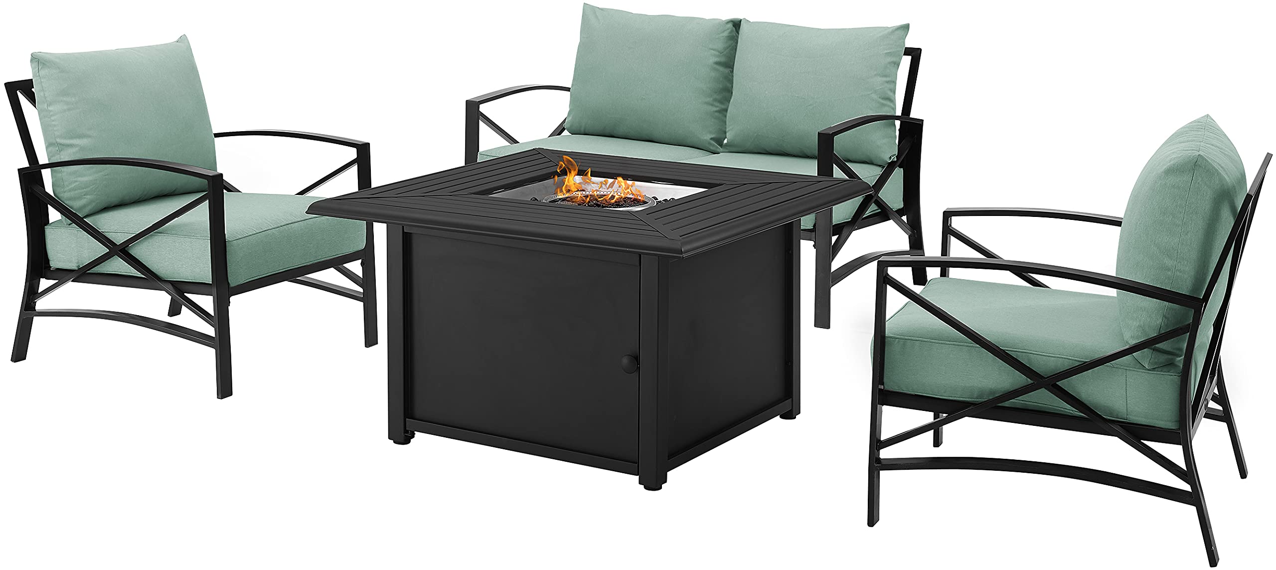 Crosley Furniture Kaplan 4-Piece Outdoor Loveseat Patio Furniture Set with Propane Gas Fire Pit Table, Oiled Bronze with Mist Cushions