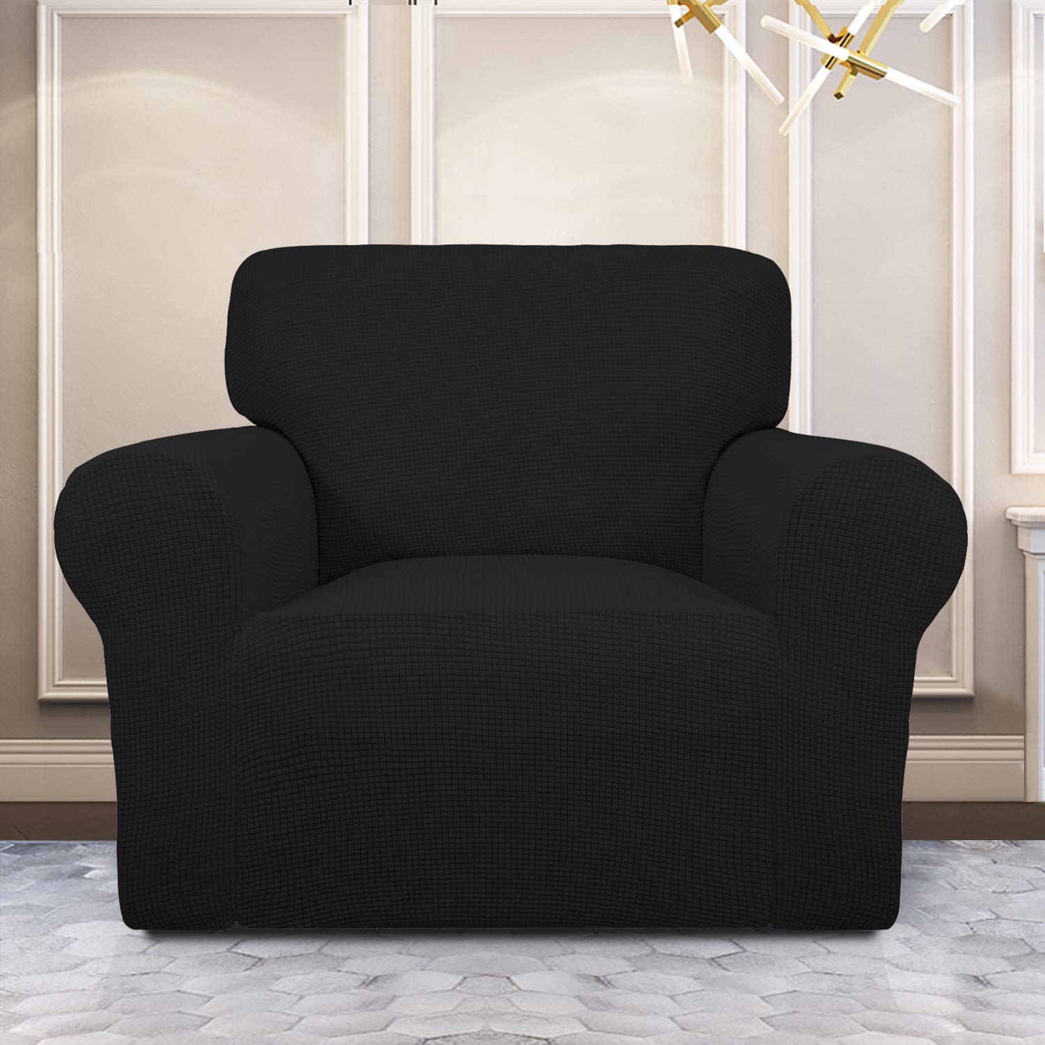 Purefit Stretch Chair Sofa Slipcover – Spandex Jacquard Non Slip Soft Couch Sofa Cover, Washable Furniture Protector With Non Skid Foam And Elastic Bottom For Kids (Chair, Black)