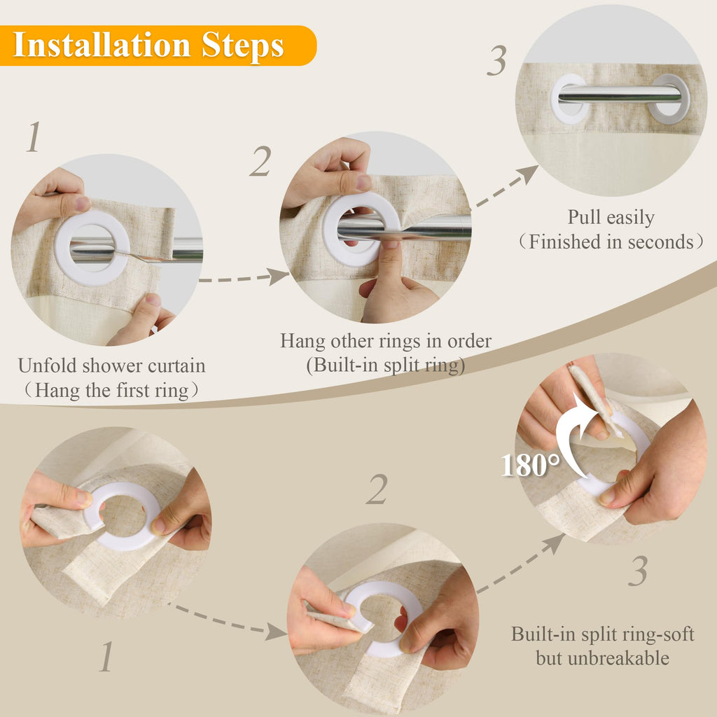 Jowels Linen No Hook Shower Curtain And Liner, Beige No Hooks Shower Curtain Set Top See Through Shower Curtain With Snap In Lin