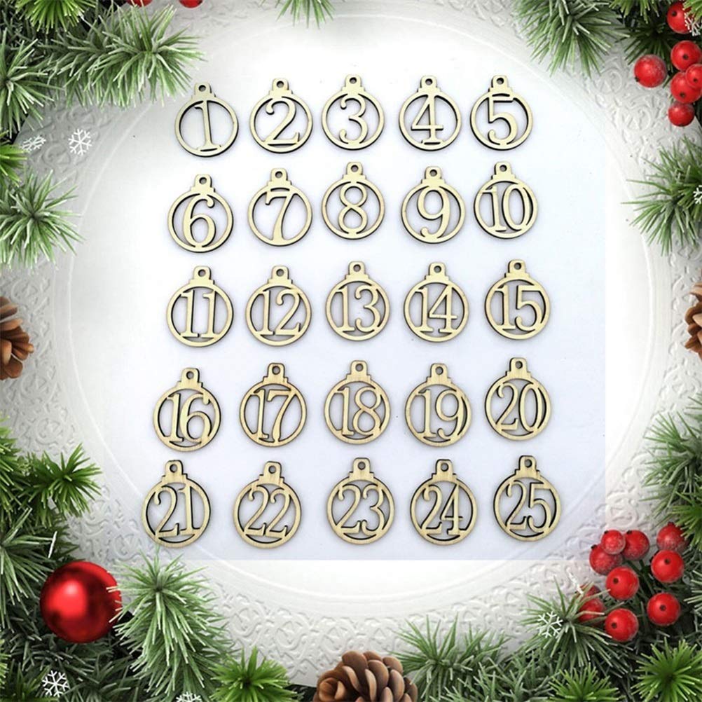 Christmas Calendar Tags, 1 to 25 Wooden Number for Christmas Advent Calendar Countdown, Wooden Number Pendants for DIY Craft Gif