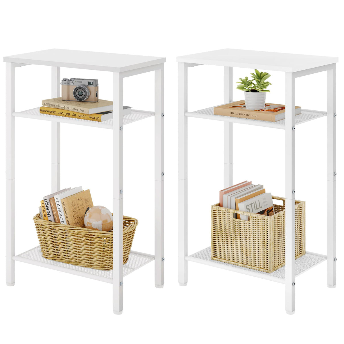 Hoctieon 2-Set 3 Tier End Table, Telephone Table Set Of 2, Tall Side Table With Storage Set Of 2, Small Nightstand For Small Spaces, Metal Frame, White