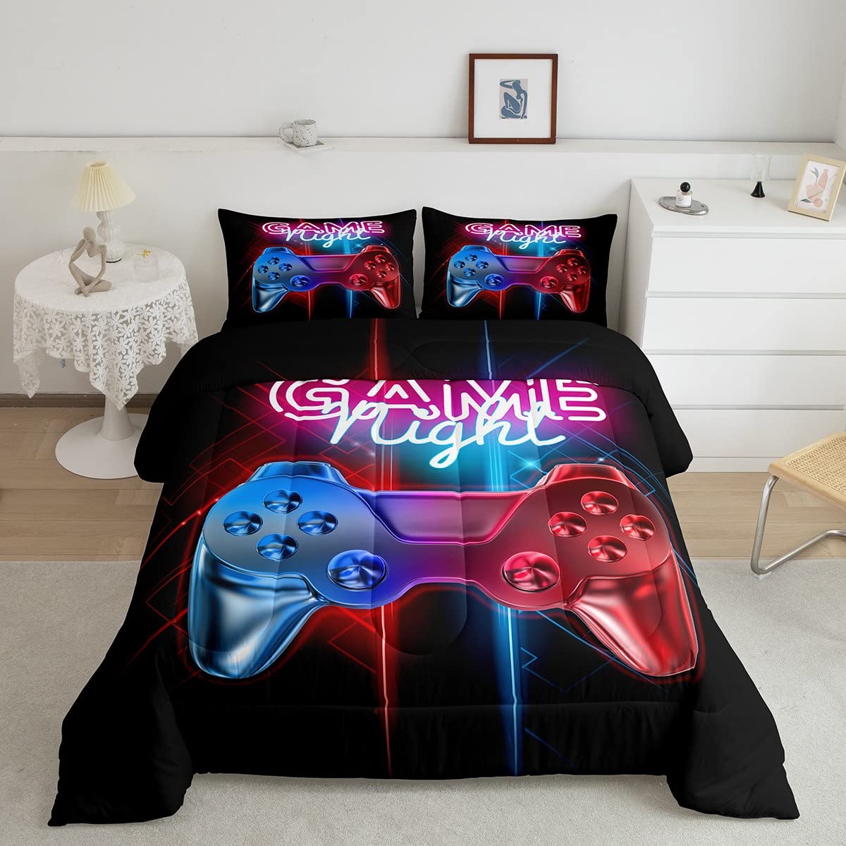 Boys Gaming Comforter Set Full Size Teens Gamer Bedding Set Modern Blue Red Video Game Controller Comforter For Kids Children Yo