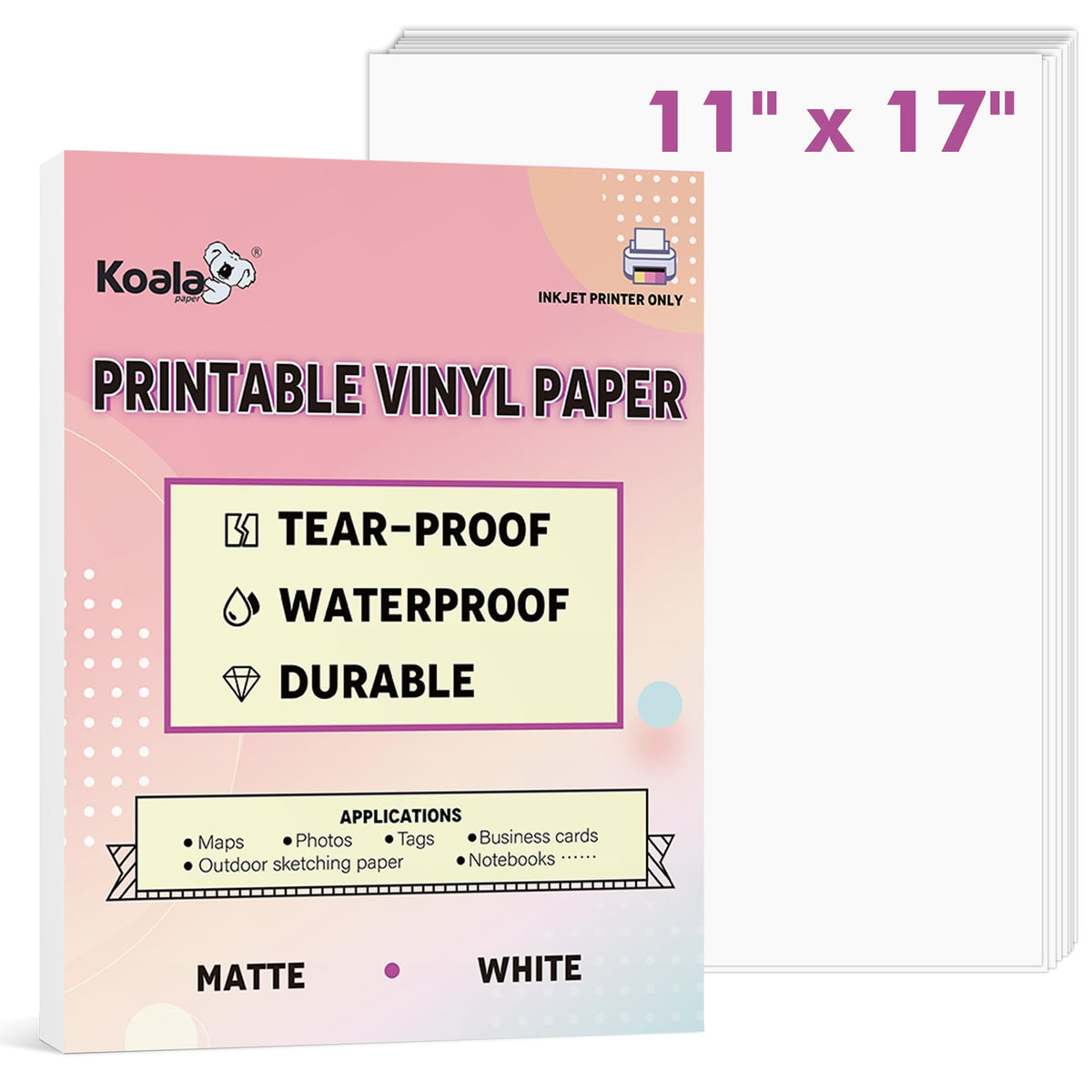 Koala Paper Printable Waterproof Paper For Inkjet Printer, 11X17 In 30 Sheets Matte White Vinyl Printer Paper, Non-Tearable, Dur