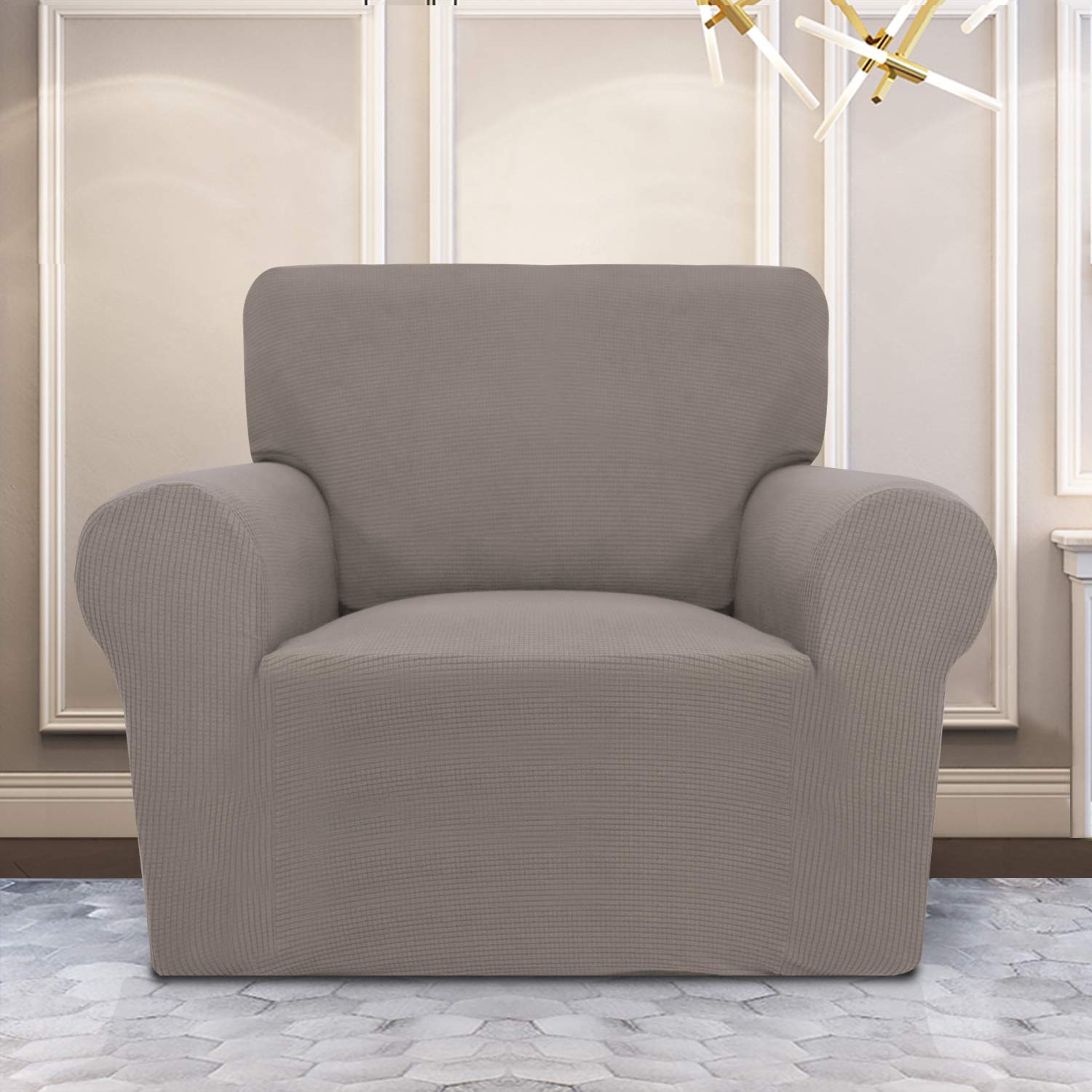 Purefit Stretch Chair Sofa Slipcover – Spandex Jacquard Non Slip Soft Couch Sofa Cover, Washable Furniture Protector With Non Skid Foam And Elastic Bottom For Kids (Chair, Taupe)