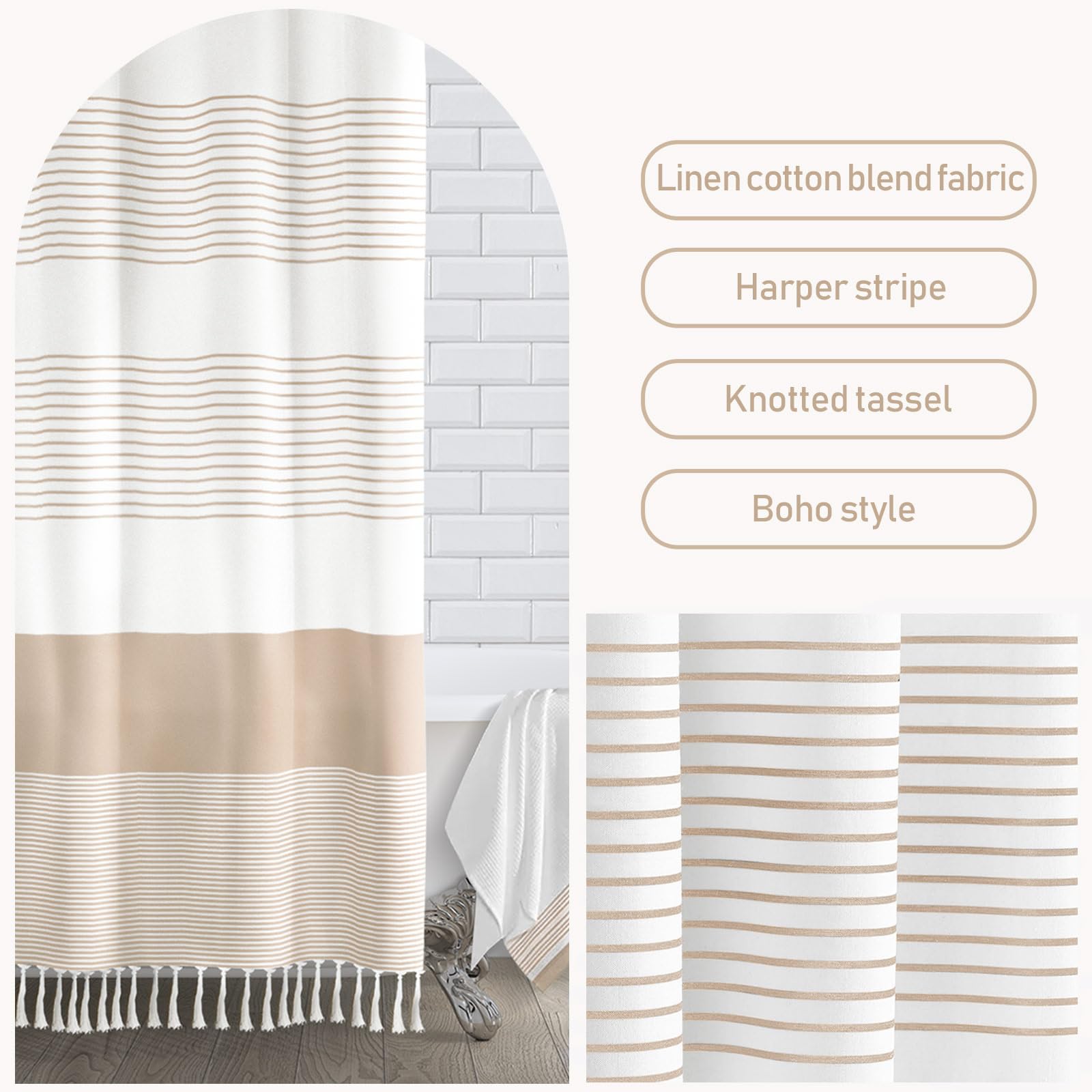 Awellife Boho Beige Shower Curtain For Bathroom Stripe Tassel Shower Curtain 36 X 72 Inches Farmhouse Linen