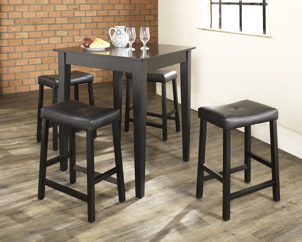 Crosley Furniture 5-Piece Bar Table With 4 Upholstered Saddle Counter Height Bar Stools, Black