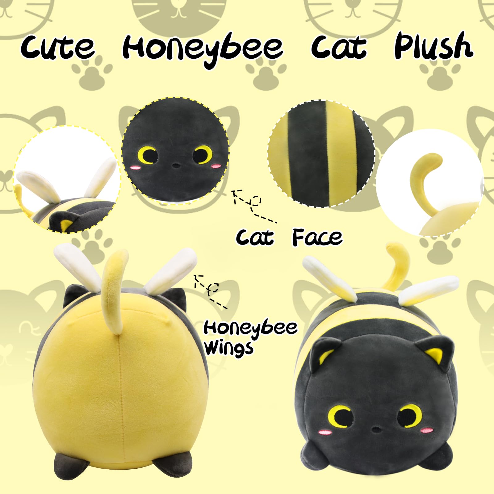 Lsydcarm Black Cat Bee Plush Pillow, 8' Cute Black Cat Honeybee Stuffed Animals, Kawaii Bee Cat Plushie, Soft Stuffed Bee Cat P