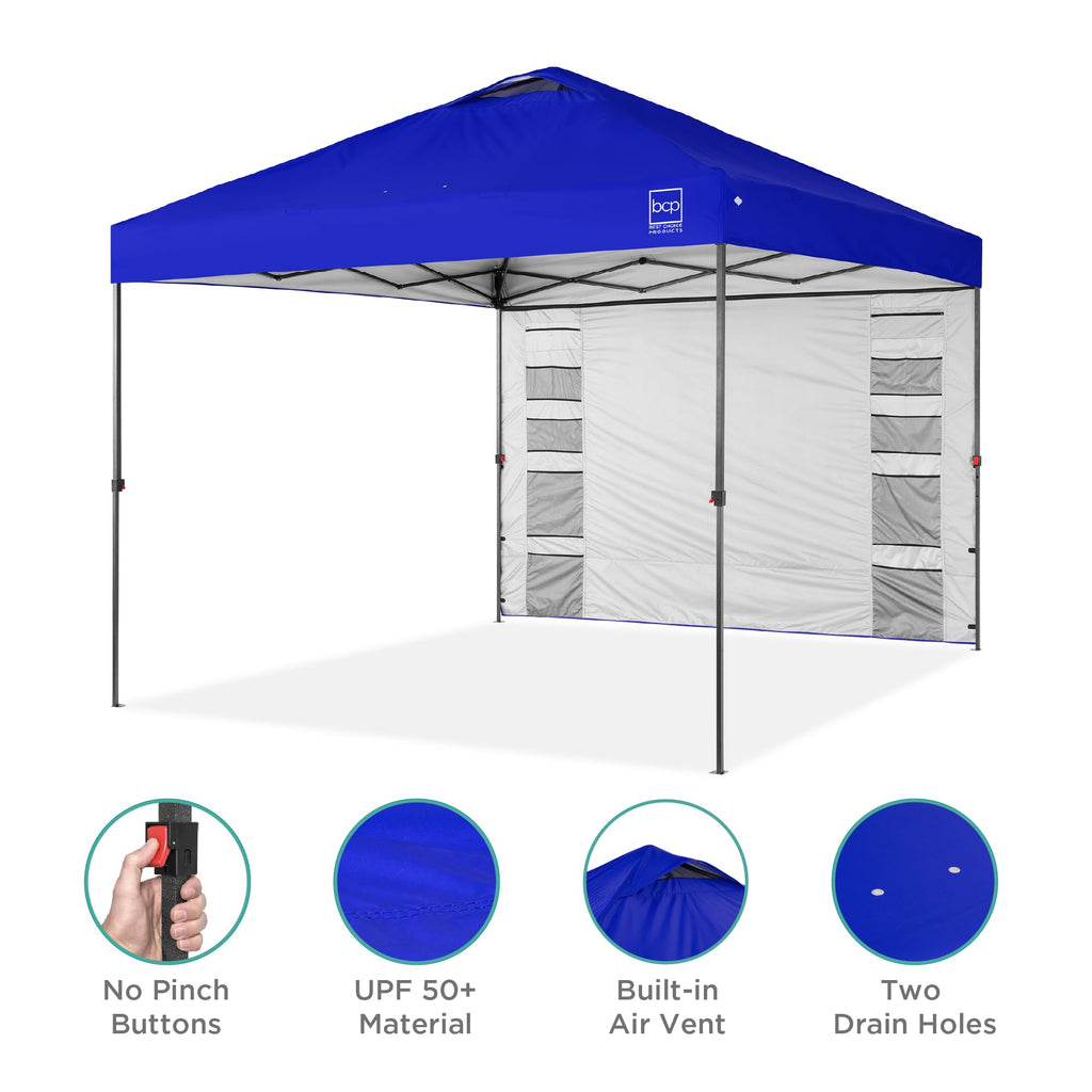 Best Choice Products 10X10Ft Easy Pop Up Canopy W/Side Wall, 10 Pockets, Portable Carrying Case, 1-Button Setup, 4 Weight Bags - Resort Blue