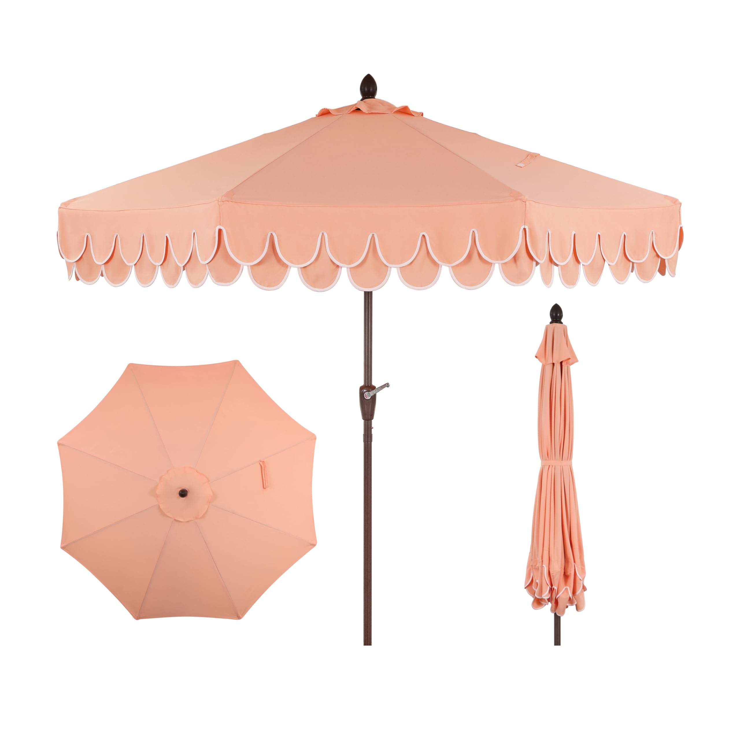 JONATHAN Y UMB1002E Tracy 9 ft. Classic MidCentury Scalloped Fringe Market Patio Umbrella with Auto-Tilt, Crank, Wind Vent and U