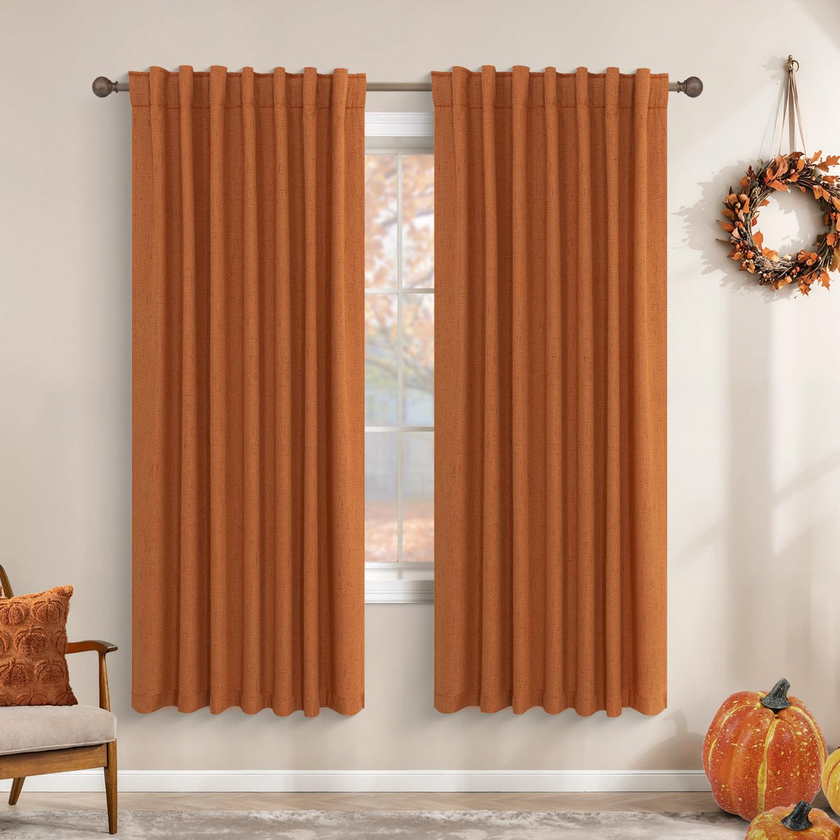 Koufall Orange Curtains 2 Panels For Halloween Living Room 63 Inch Length,Linen Blackout Textured Boho Bohemian Curtains For Bed