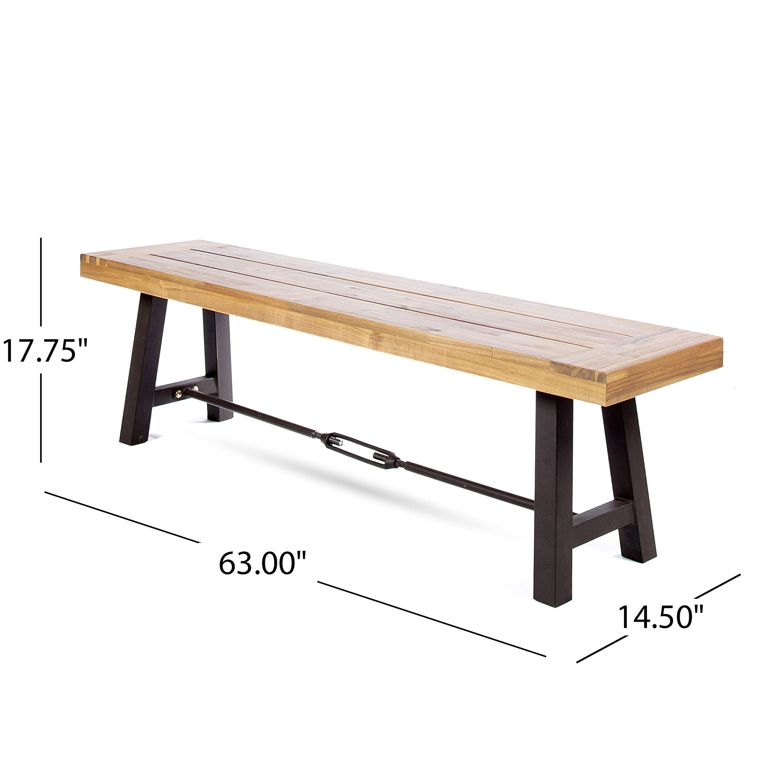 Christopher Knight Home Catriona Outdoor Acacia Wood Bench With Metal Accents, Teak Finish / Rustic Metal 14. 50 X 63 X 17. 75 Inches