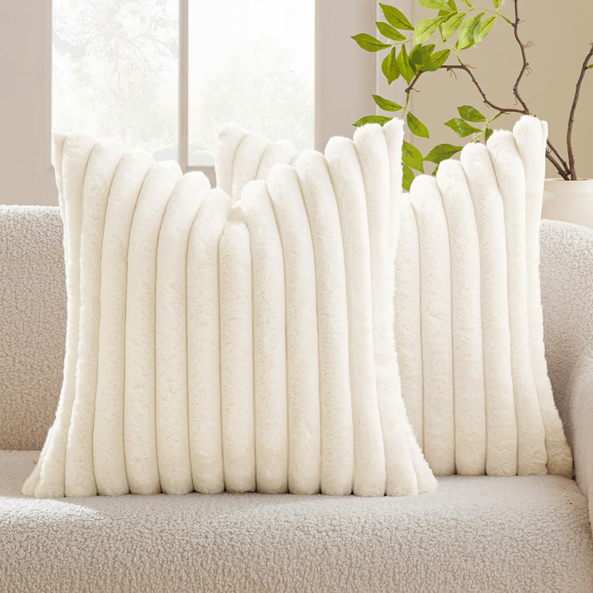 Miulee Cream White Throw Pillow Covers 18X18 Inch Set Of 2 Fuzzy Striped Soft Pillowcase With Velvet Back Faux Rabbit Fur Cushio