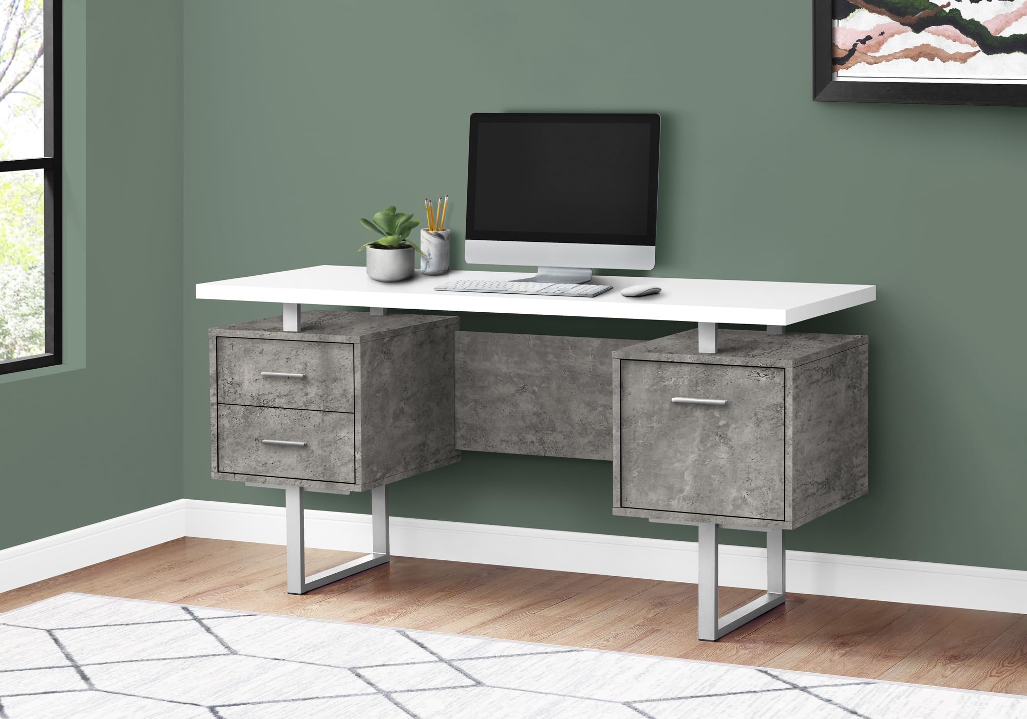 Monarch Specialties I 7633 Computer Desk, Home Office, Laptop, Left, Right Set-Up, Storage Drawers, 60&quot; L, Work, Metal, Laminate, Grey, White, Contemporary