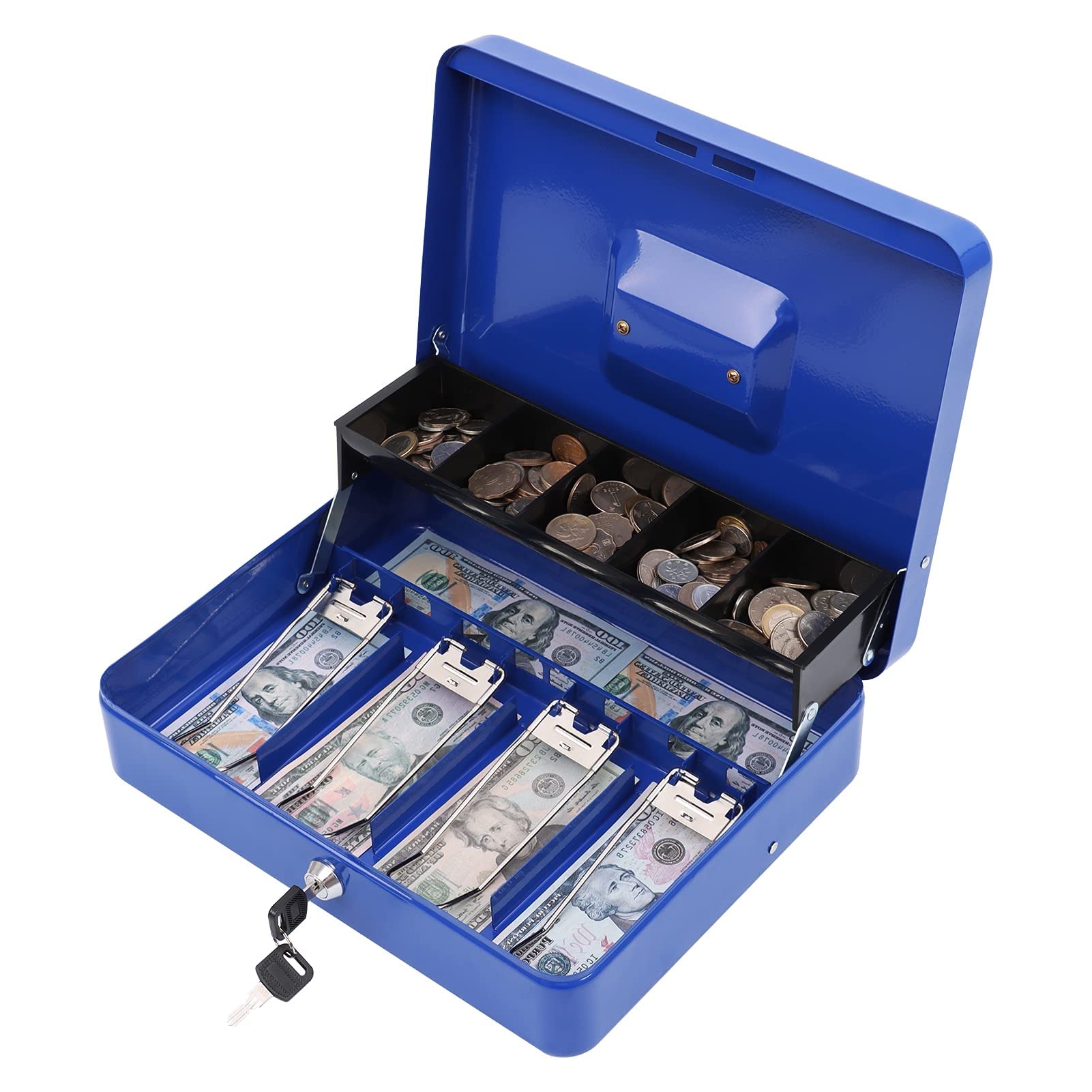Xydled Metal Cash Box, Cash Box With Money Tray And Key Lock, Storage Box, Blue,4 Bill / 5 Coin Slots,11.8' X 9.5' X 3.5',Blu
