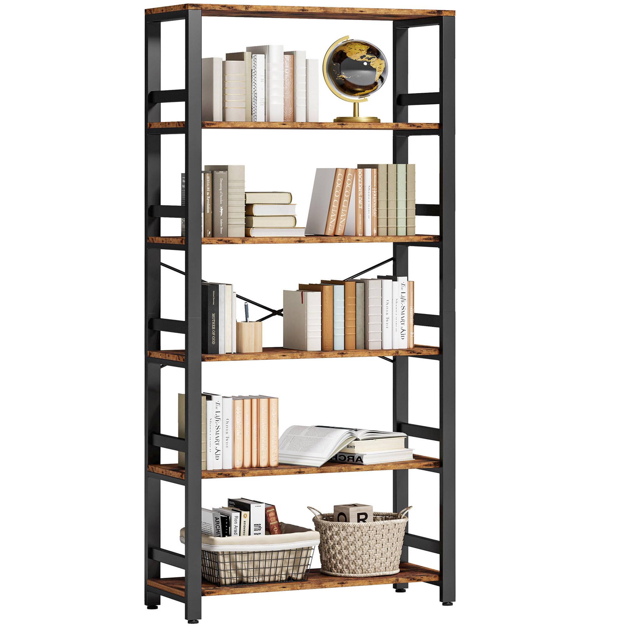 IRONCK Bookshelf, 31.5in Wide Shelf 6 Tier Bookcase, 110lbs/shelf Vintage Industrial Style Bookshelves for Bedroom, Living Room 