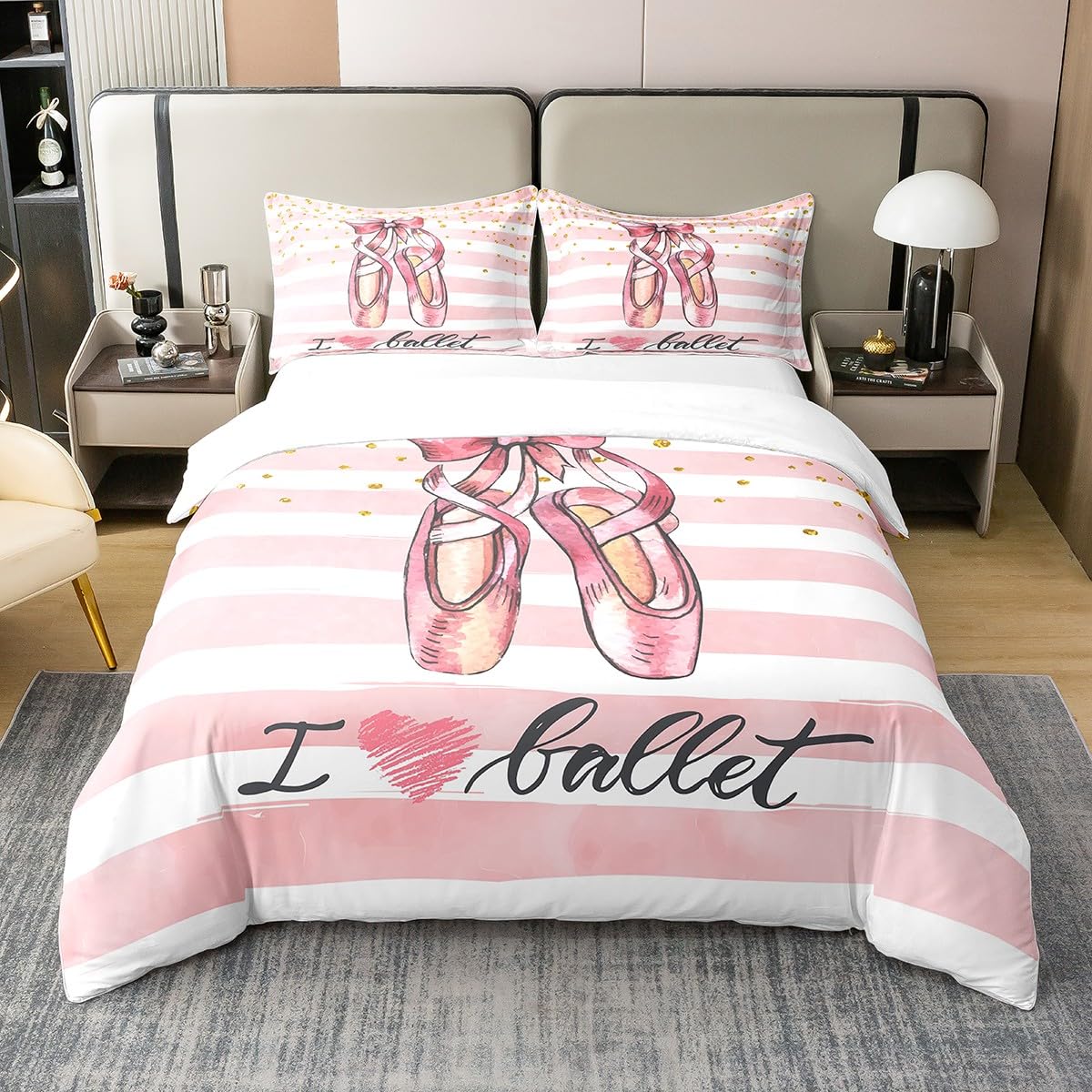 Ballet Shoes 100% Nature Cotton Bedding Set Twin Size Pink White Stripes Duvet Cover With 1 Pillow Sham Glitter Polka Dot Patter