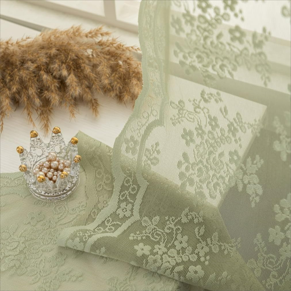 Yj Yanjun Sage Green Sheer Curtains 90 Inches Long 2 Panels Floral Embroidered Sheer Curtains Light Green Lace Vine Tulle Curtai