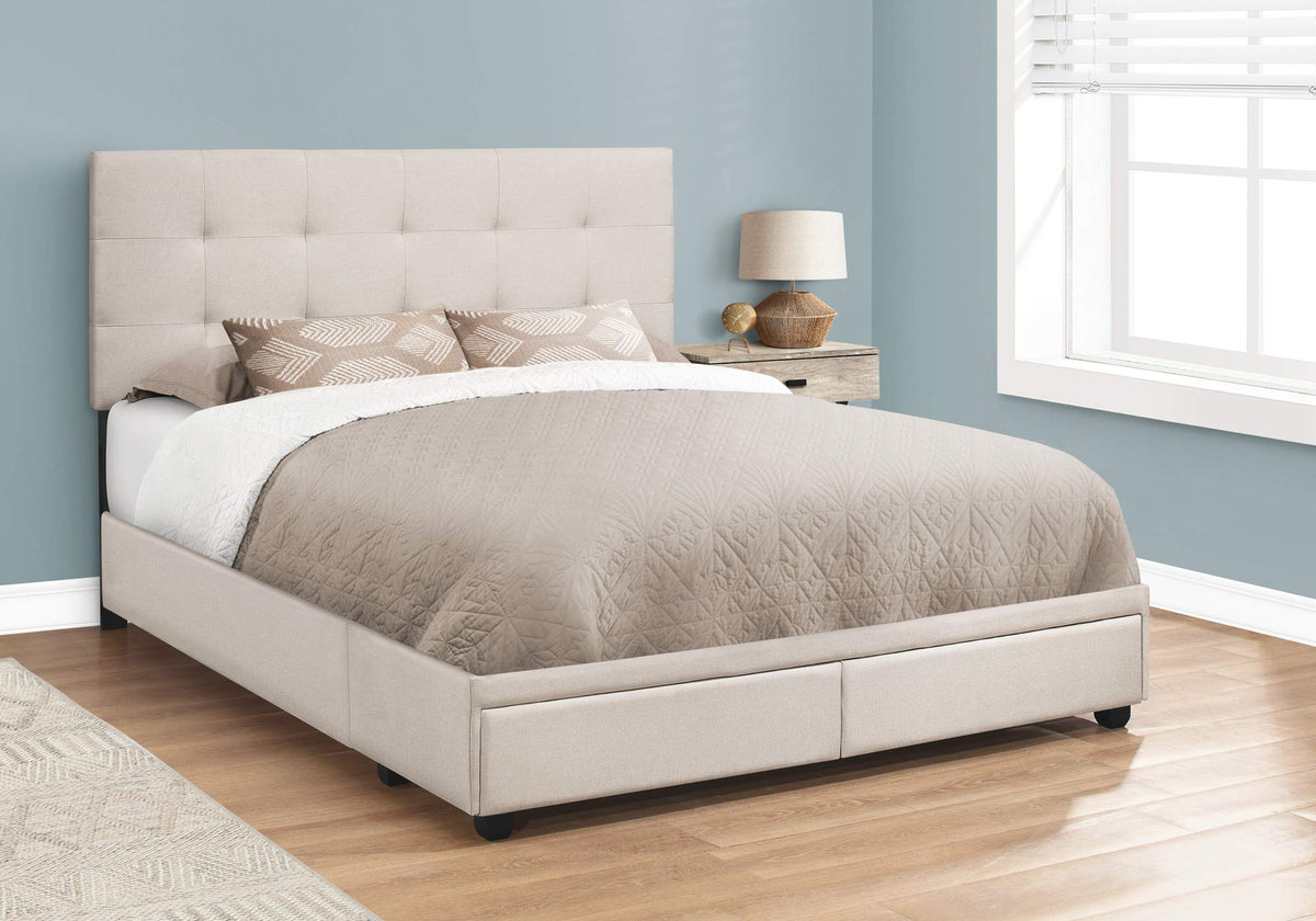 Monarch Specialties I 6021Q Bed, Queen Size, Platform, Bedroom, Frame, Upholstered, Linen Look, Wood Legs, Beige, Black, Transitional