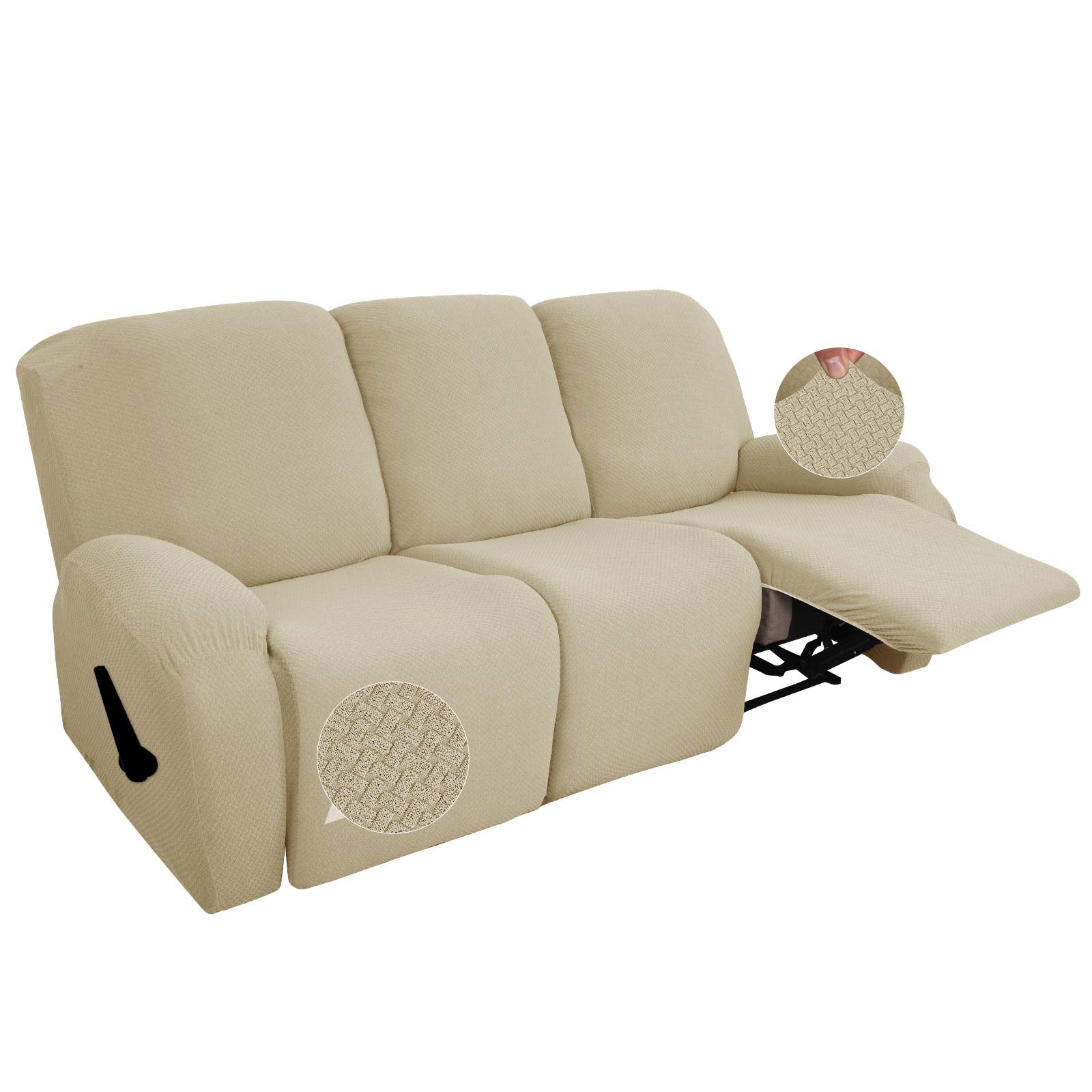Jiviner Newest Design 8-Piece Recliner Chair Covers Stretch Jacquard Chair Covers For Recliner Recliner Slipcovers For Living Room Soft Recliner Protector With Pocket (Sofa Recliner, Light Beige)