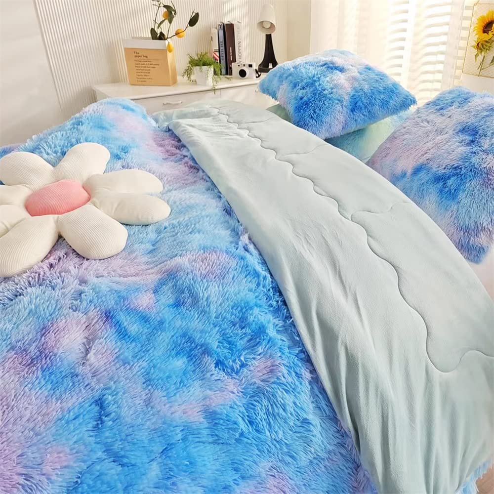 Chovy Faux Fur Plush Tie-Dyed Blue Comforter Sets Twin/Full Size - Ultra Soft Shaggy Flannel Velvet Fluffy Fuzzy 3Pc Bedding Set