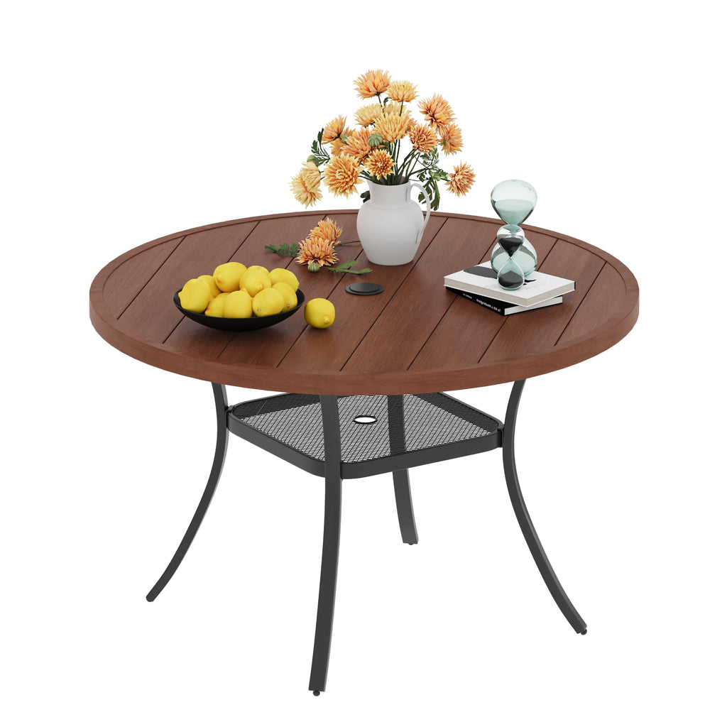 Vicllax Round Patio Dining Table, 4-6 Person Metal Outdoor Dining Table With Umbrella Hole For Garden Lawn Deck, 48' Walnut