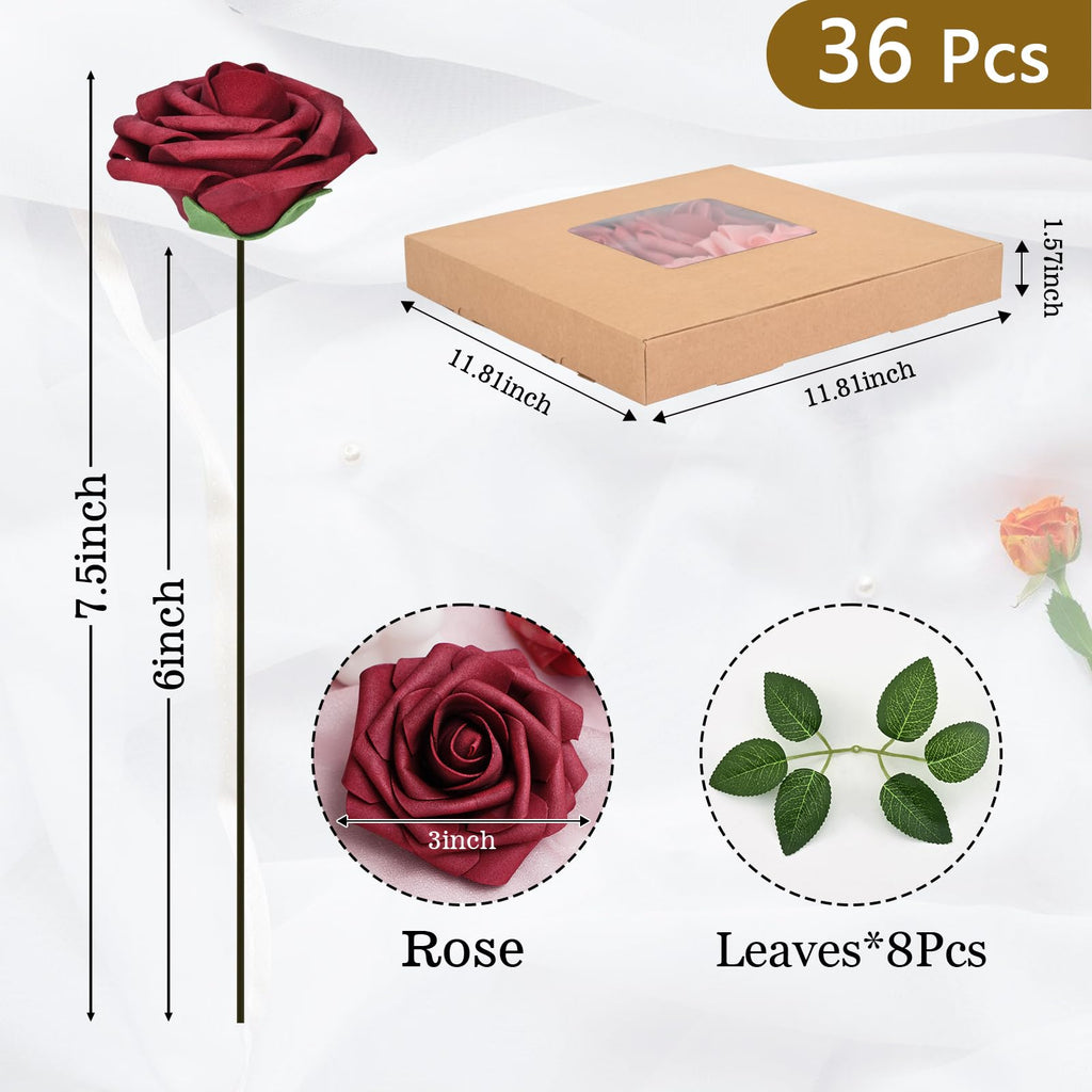 Bleum Cade 36Pcs Artificial Flowers Fake Roses With Stems, Gradient Burgundy Boxed Foam Roses For Diy Bouquets Centerpieces Wedd