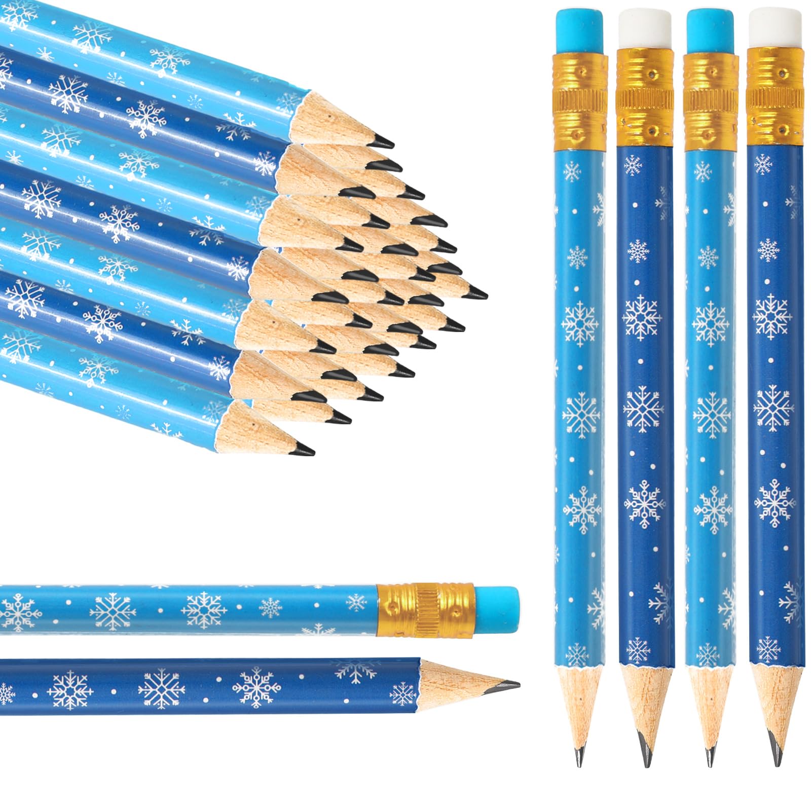 Whaline 50Pcs Winter Pencils With Erasers 2 Styles Dark Blue And Light Blue Short Writing Pencils White Snowflake Xmas Half Penc