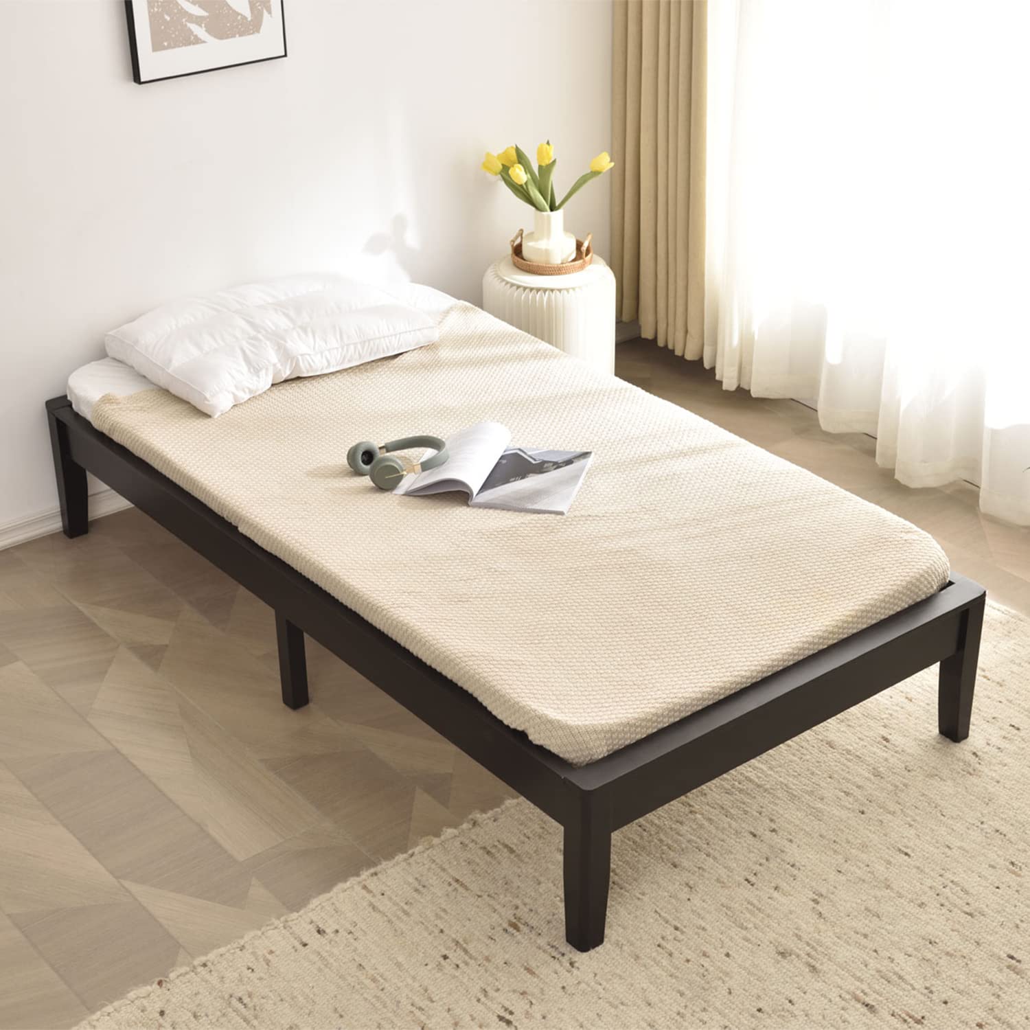 Better Home Products Stella Solid Pine Wood Twin Platform Bed Frame in Black