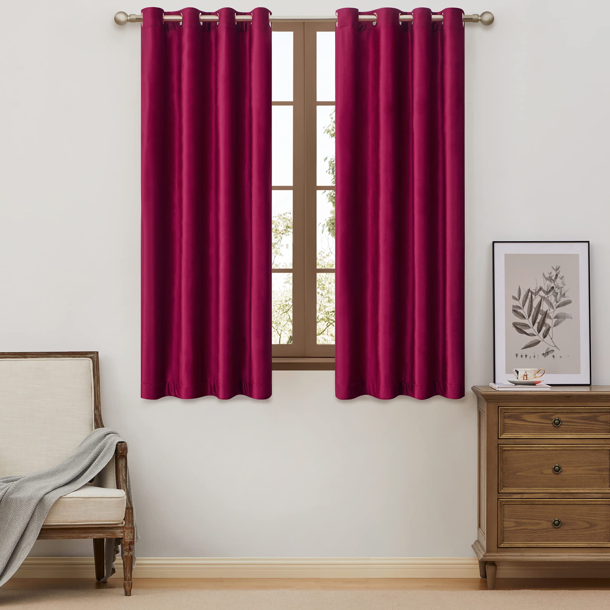 Bulbul Red Curtains 63 Inch Length- Living Room Red Velvet Blackout Window Drapes Curtains Thermal Insulated Room Darkening Deco