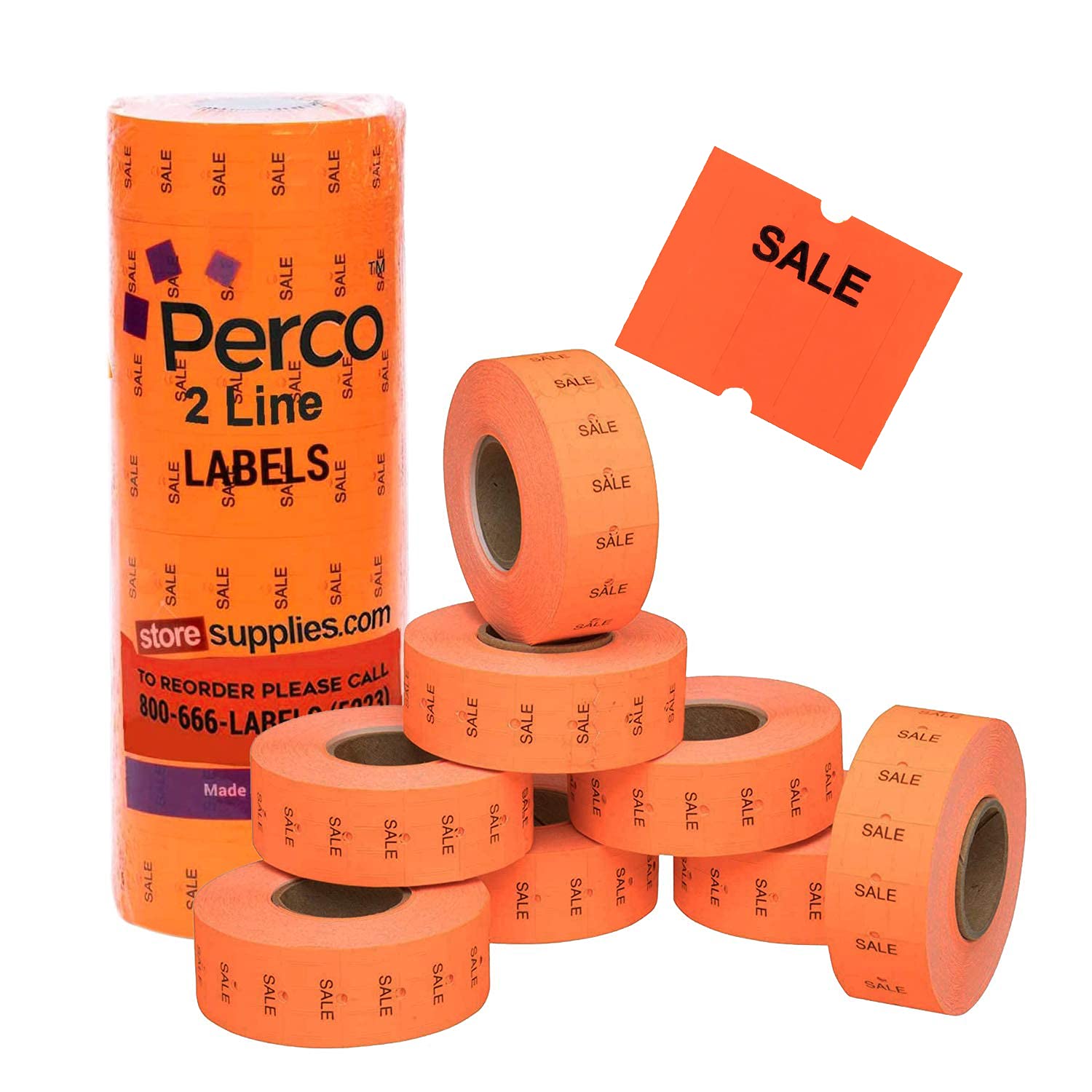 'Sale' Fluorescent Red Perco Labels For Perco 2 Line Labeler Gun - 1 Sleeve, 6,000 'Sale' Labels - For Perco 2 Line Date Gun