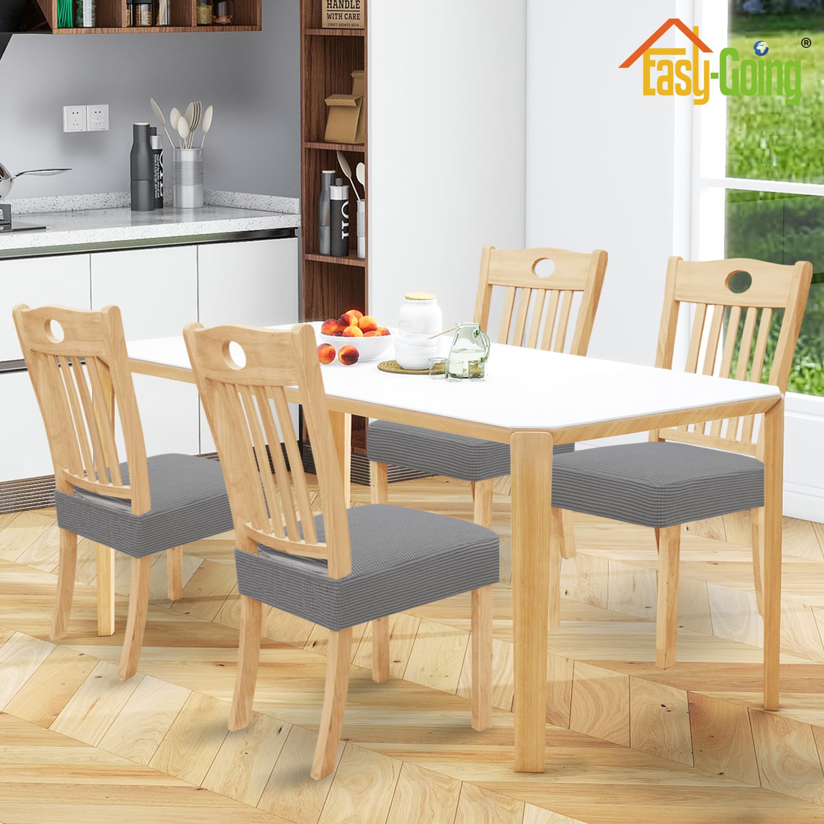 Easy-Going 100% Waterproof Seat Covers For Dining Room Chairs, Stretch Jacquard Chair Seat Slipcovers Removable And Washable Kitchen Dining Chair Covers (Set Of 4, Light Gray)