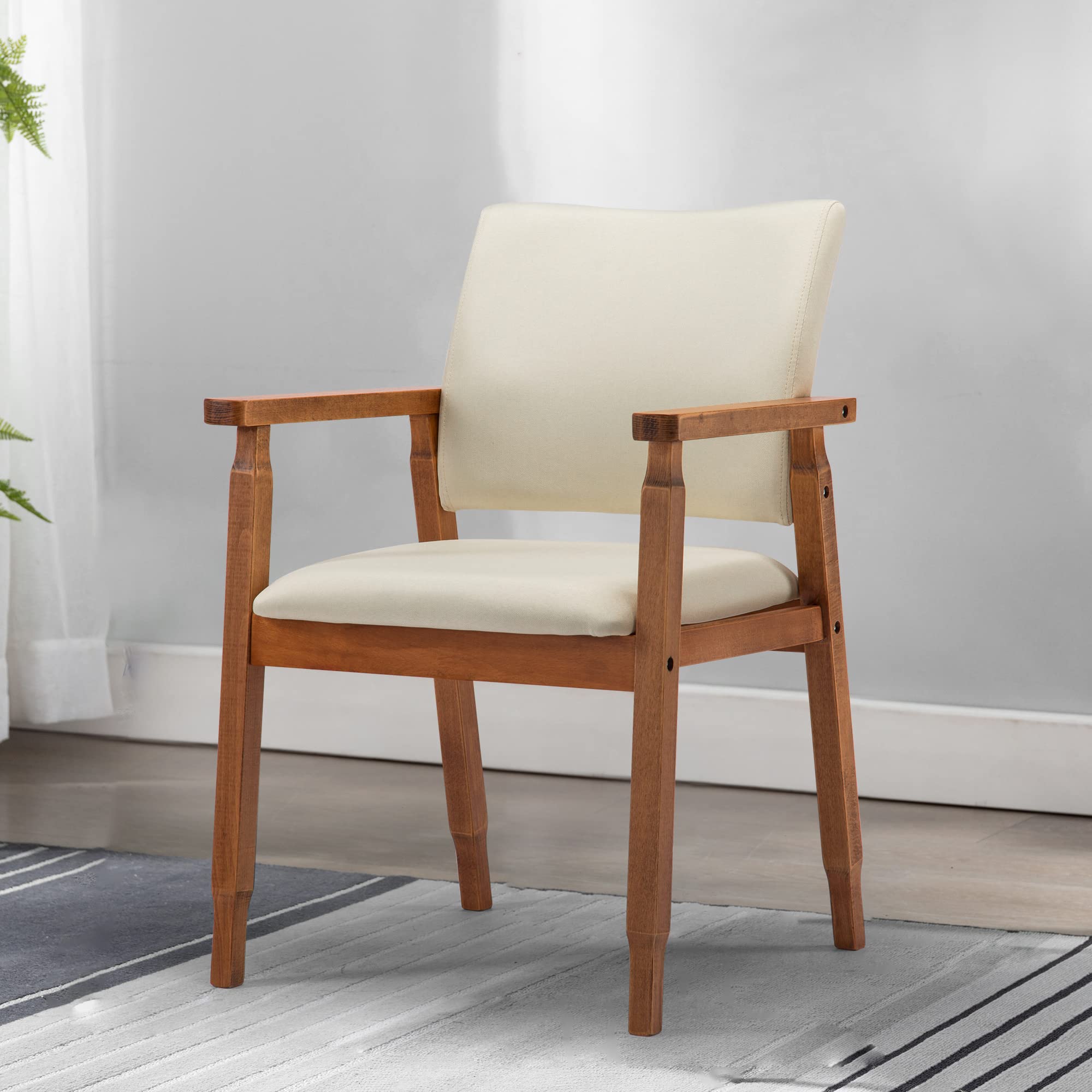 Thksbought Mid Century Modern Walnut Dining Chairs Wood Arm Beige Fabric Kitchen Cafe Living Room Decor Furniture