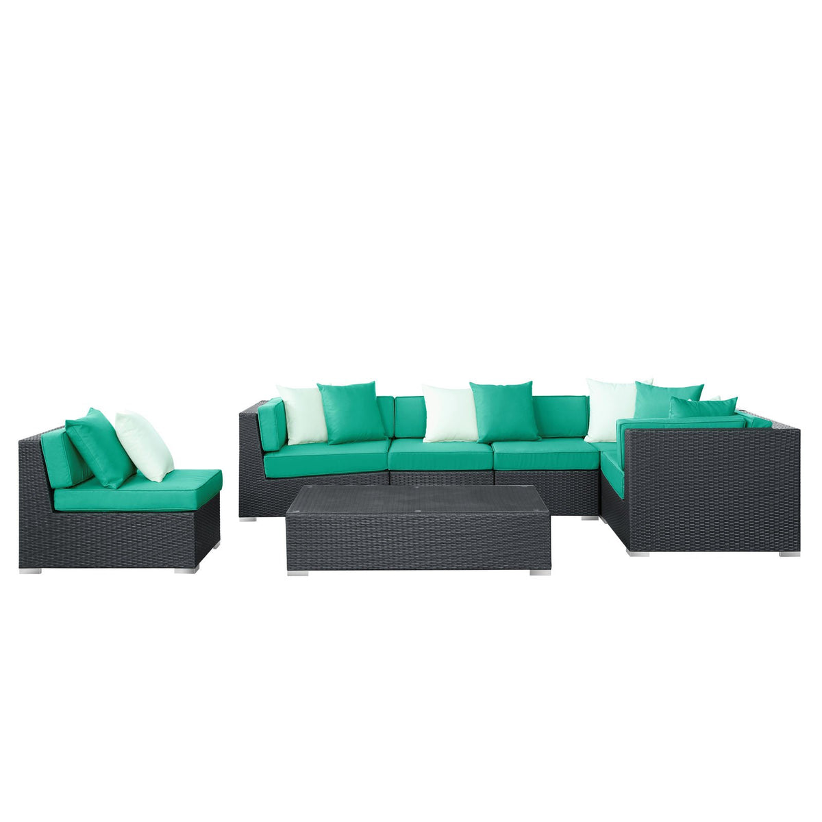 Lexmod Dreamscape 7-Piece Outdoor Wicker Patio Sectional Sofa Set, Espresso Turquoise