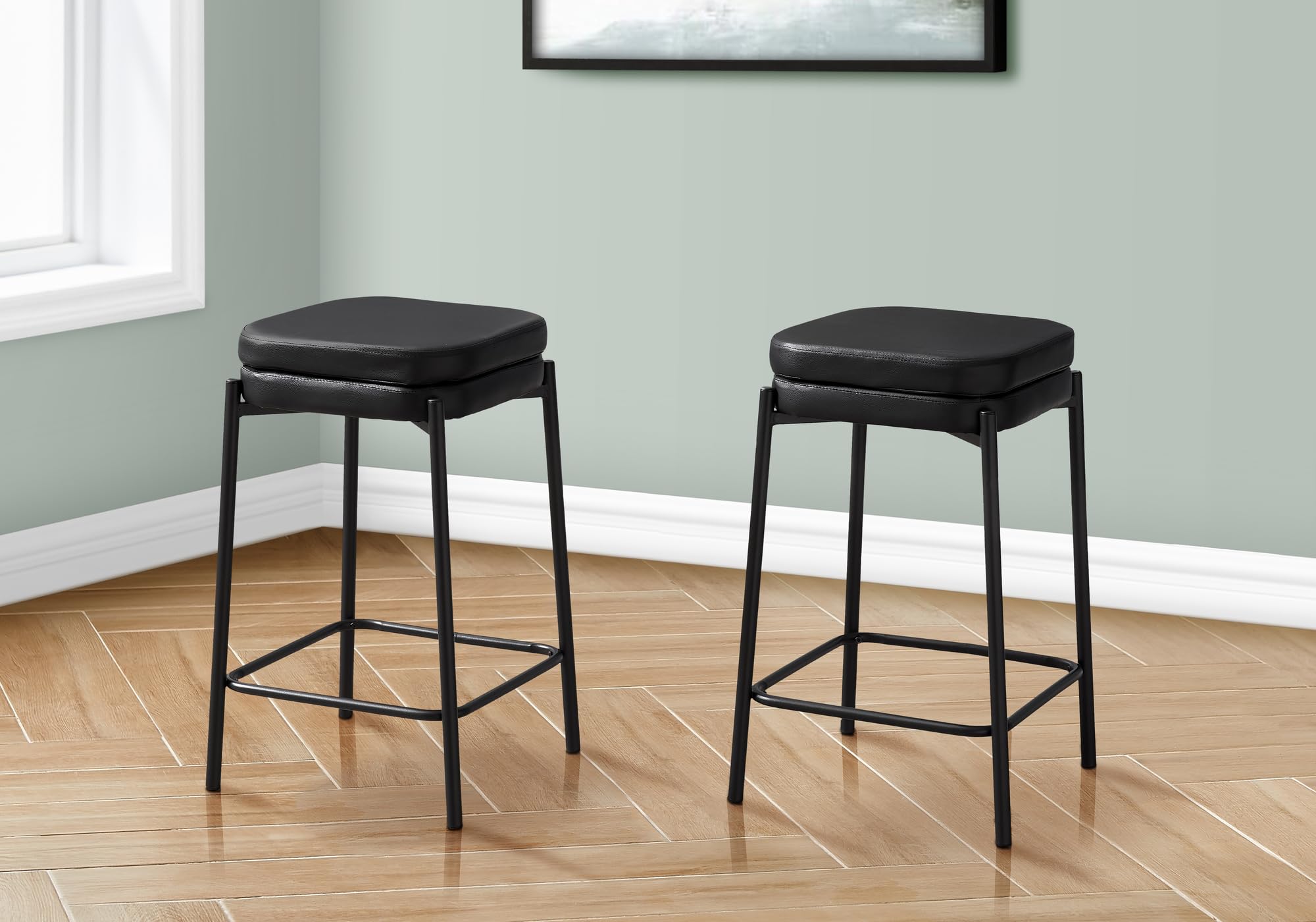 Monarch Specialties I 2225 Counter-Height Barstools, Set of 2, Black Leather-Look & Metal